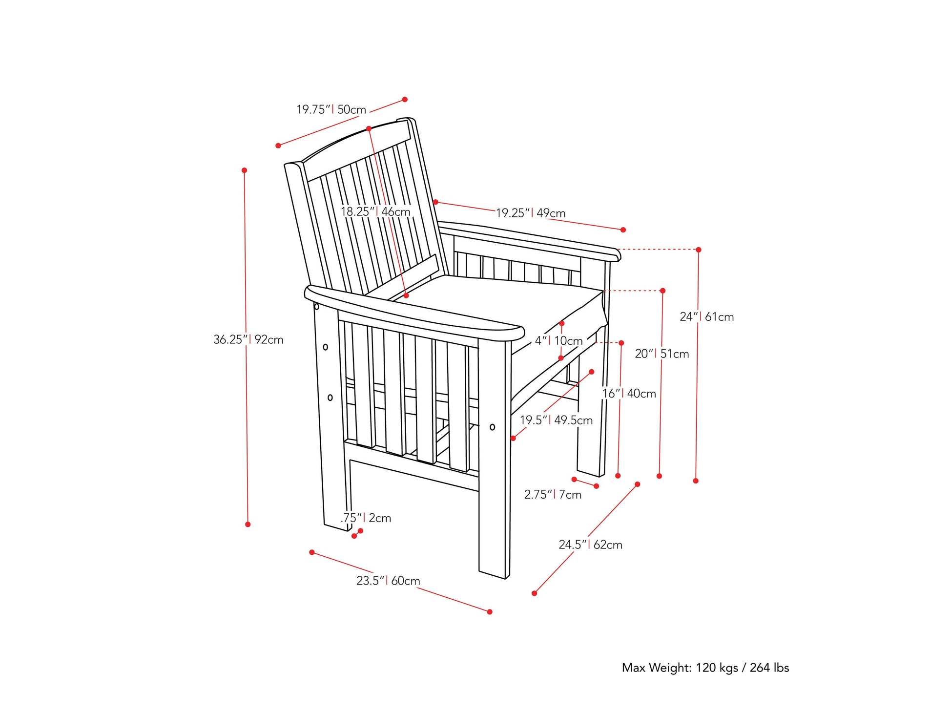 Brown wooden patio armchair set of 2 with slatted backrests, armrests, and cushioned seats, perfect for outdoor use. Durable teak wood construction with natural finish, ideal for garden, porch, or balcony seating.