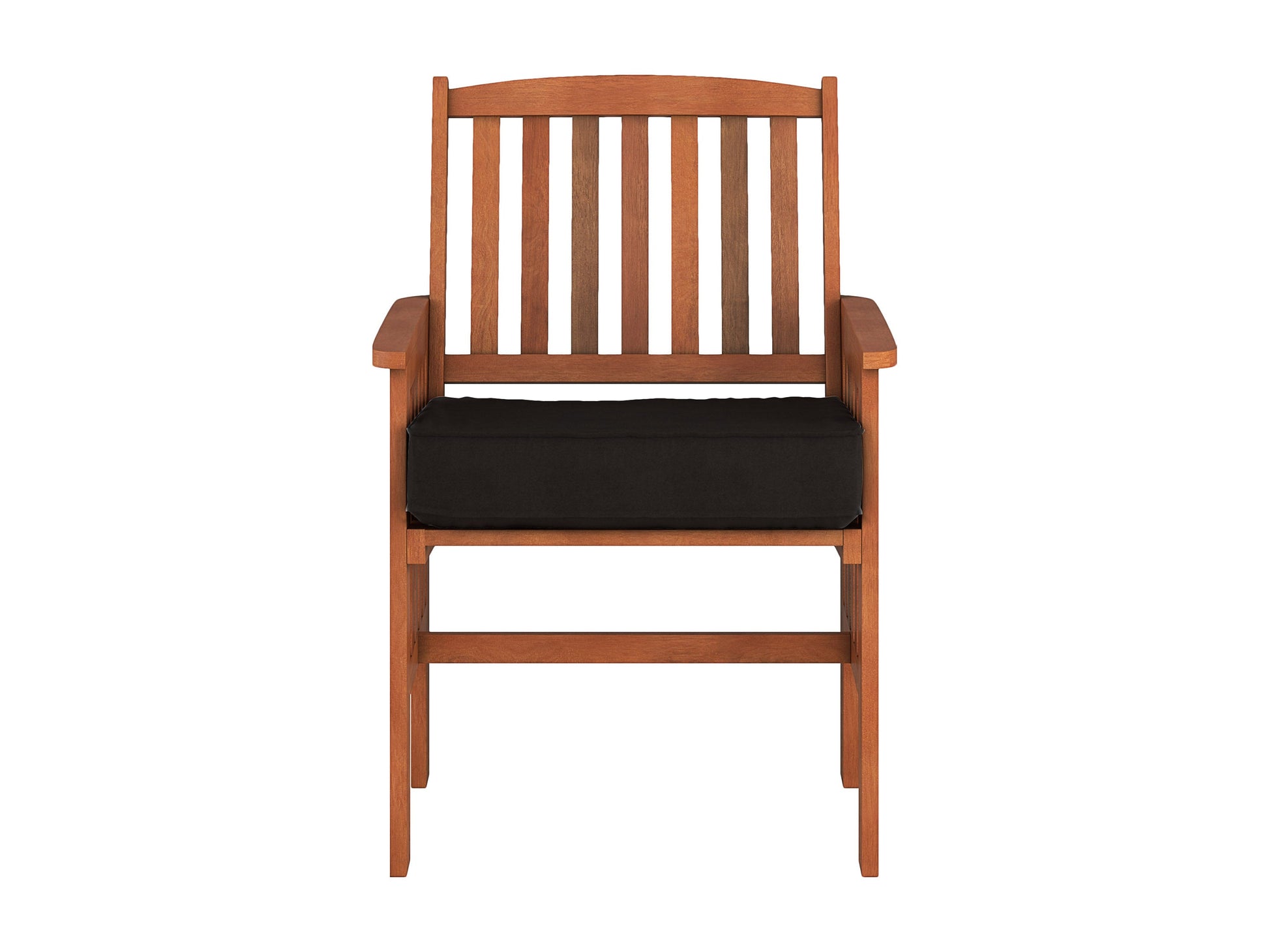 Brown wooden patio armchair set of 2 with slatted backrests, armrests, and cushioned seats, perfect for outdoor use. Durable teak wood construction with natural finish, ideal for garden, porch, or balcony seating.