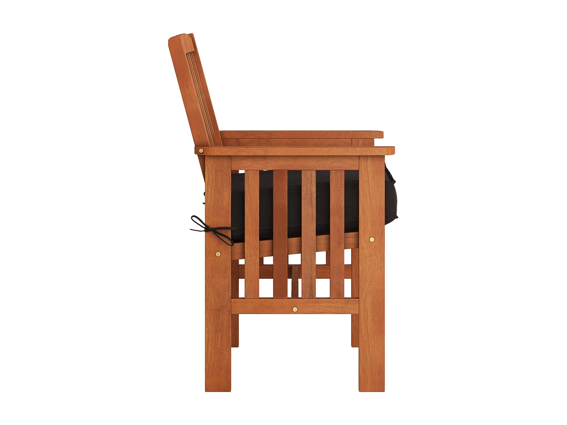 Brown wooden patio armchair set of 2 with slatted backrests, armrests, and cushioned seats, perfect for outdoor use. Durable teak wood construction with natural finish, ideal for garden, porch, or balcony seating.