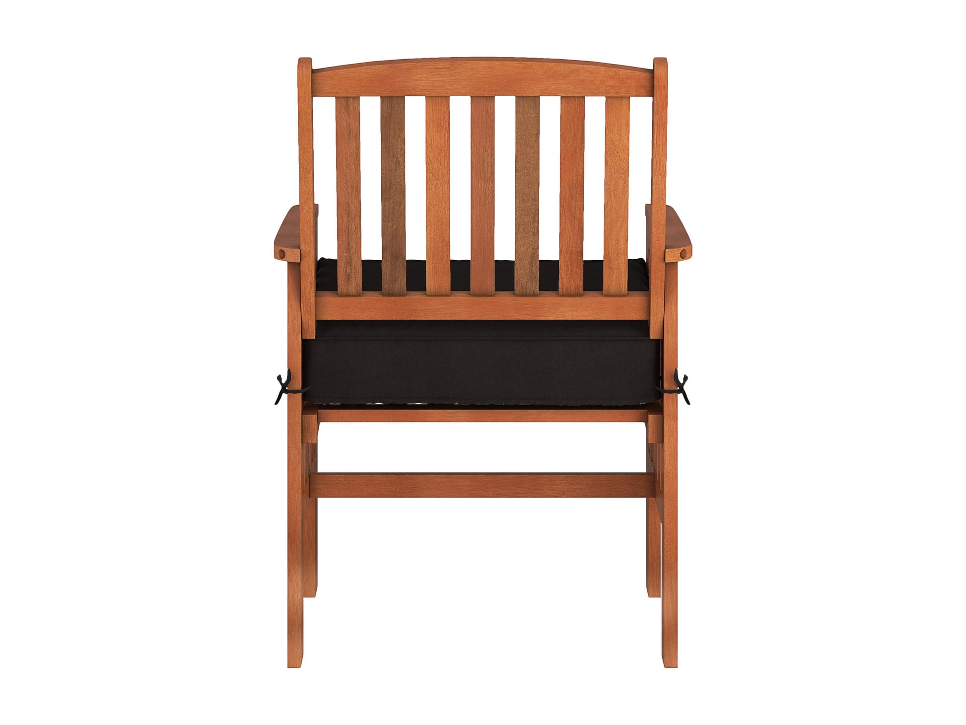 Brown wooden patio armchair set of 2 with slatted backrests, armrests, and cushioned seats, perfect for outdoor use. Durable teak wood construction with natural finish, ideal for garden, porch, or balcony seating.