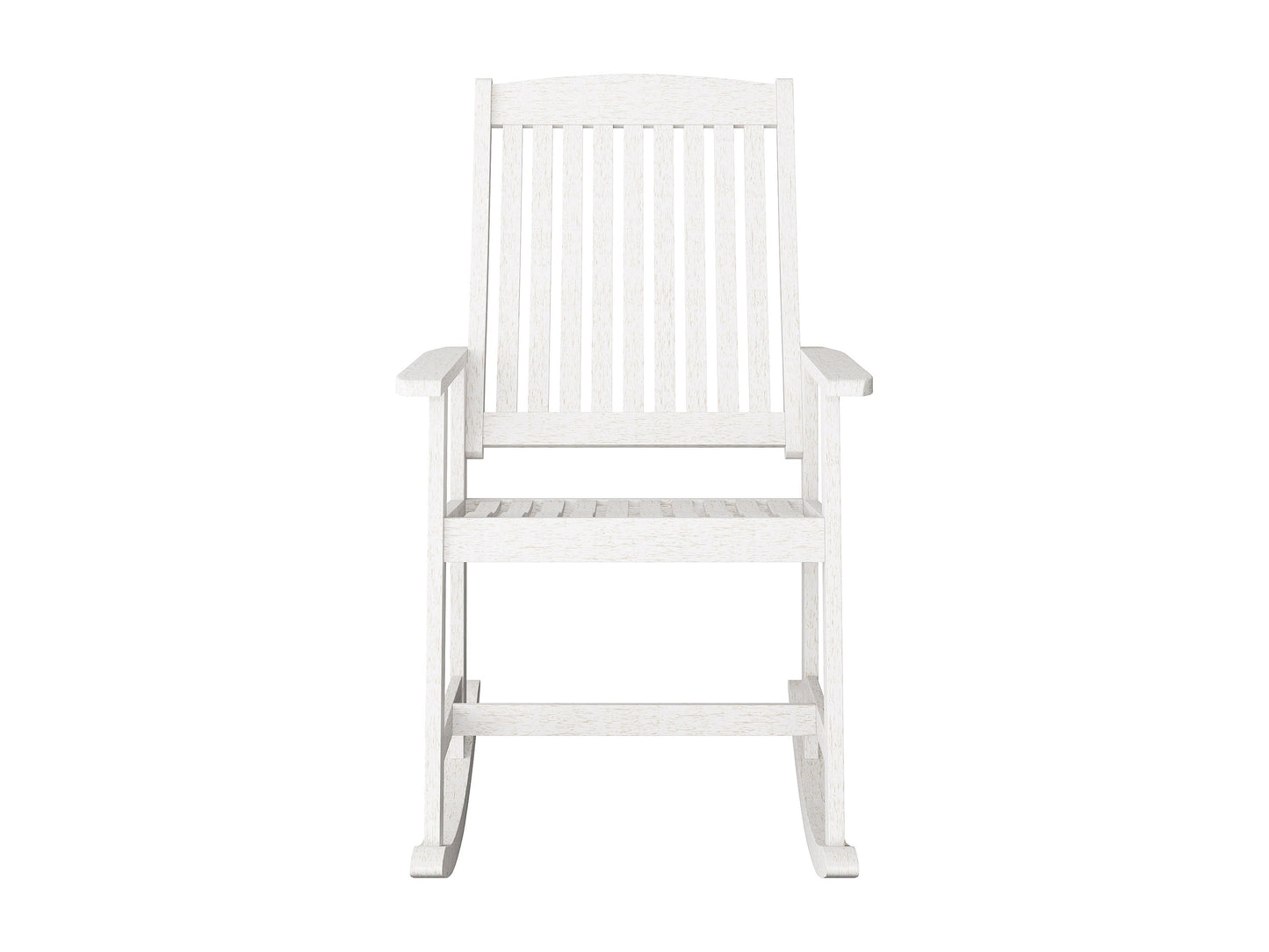 Washed white outdoor rocking chair with curved wooden slats, ergonomic armrests, and a weather-resistant finish perfect for patio relaxation.