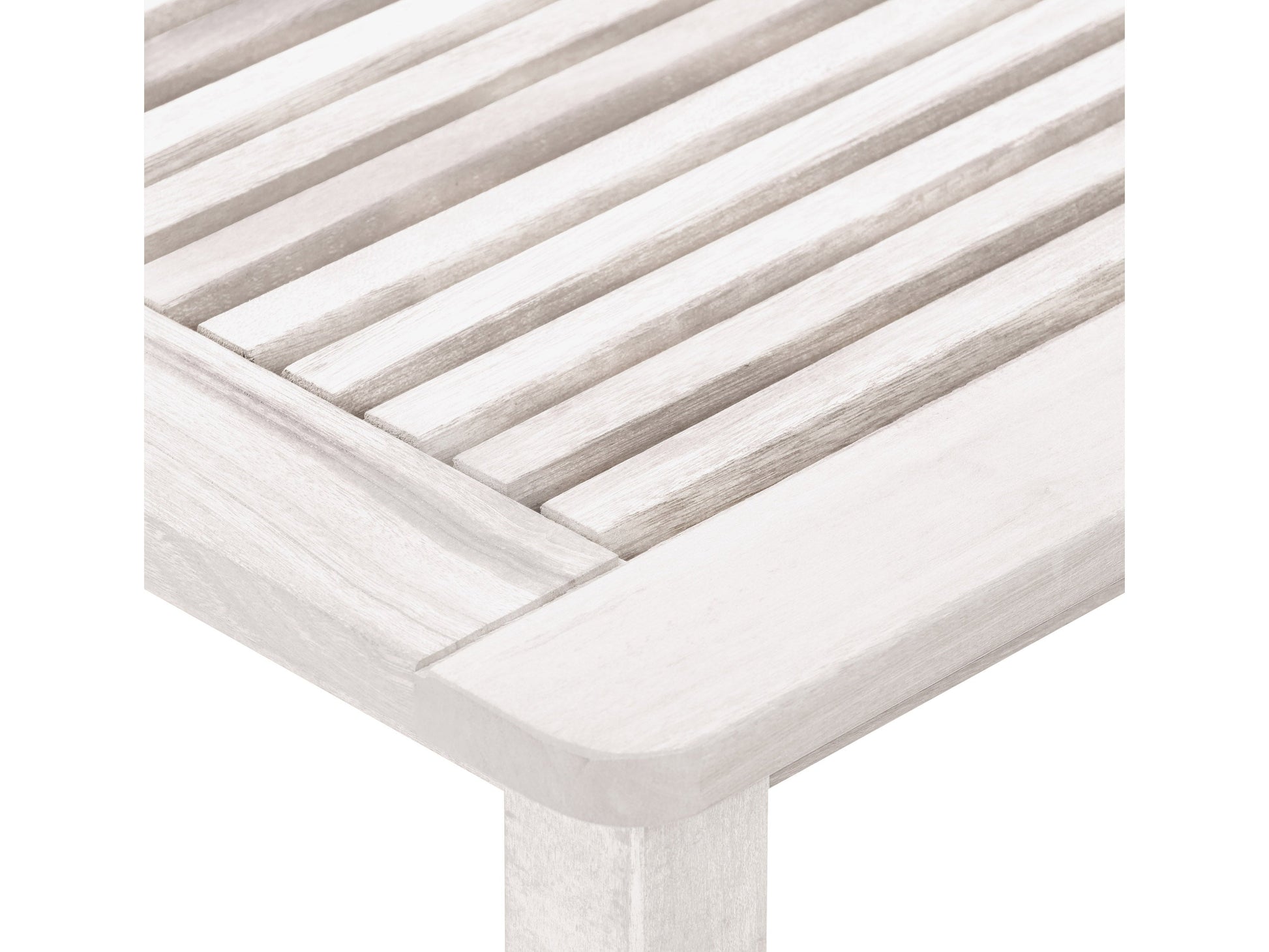 Washed white hardwood outdoor side table with slatted top, sturdy legs, and weather-resistant finish, ideal for patios and gardens.