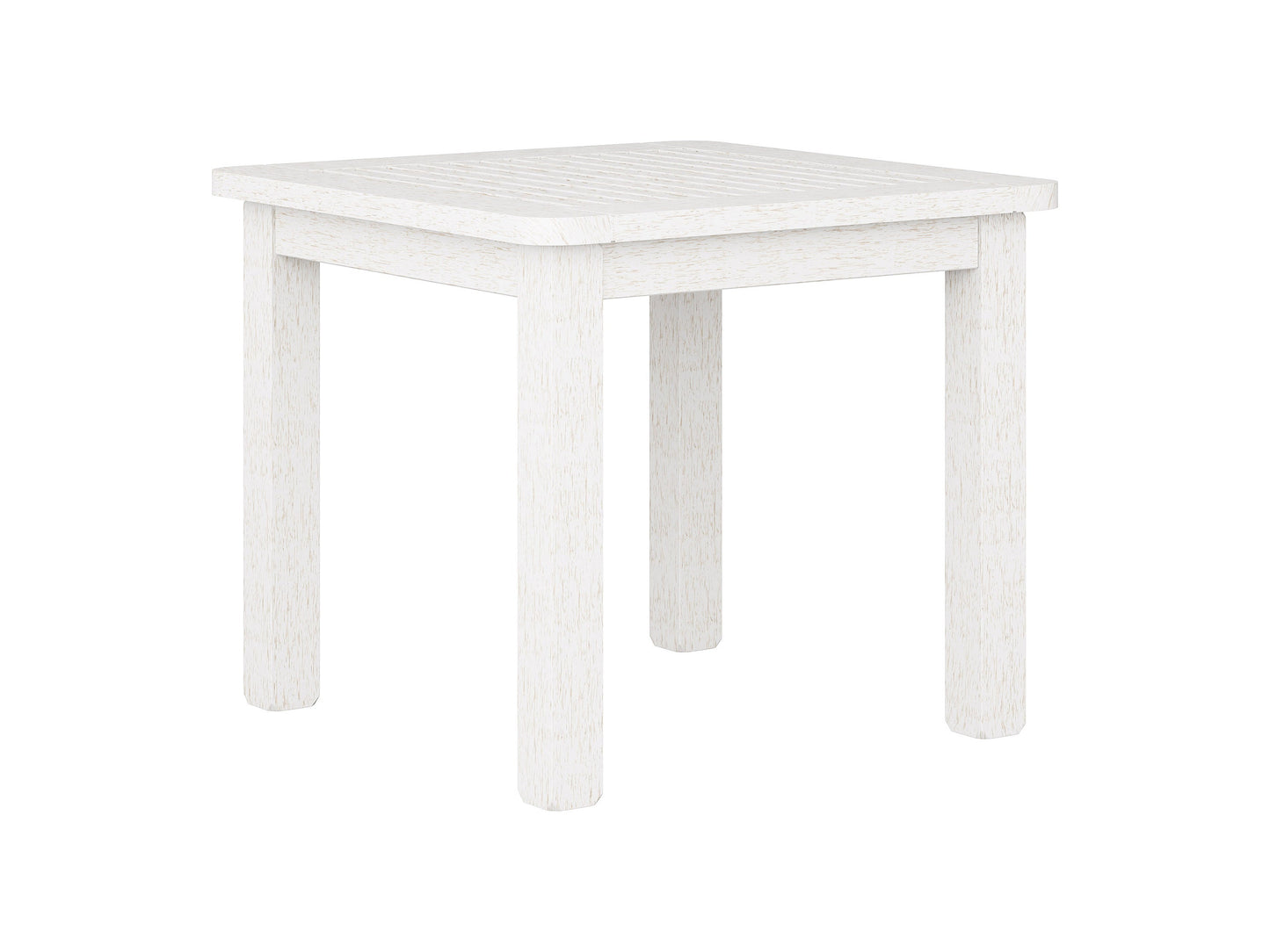 Washed white hardwood outdoor side table with slatted top, sturdy legs, and weather-resistant finish, ideal for patios and gardens.