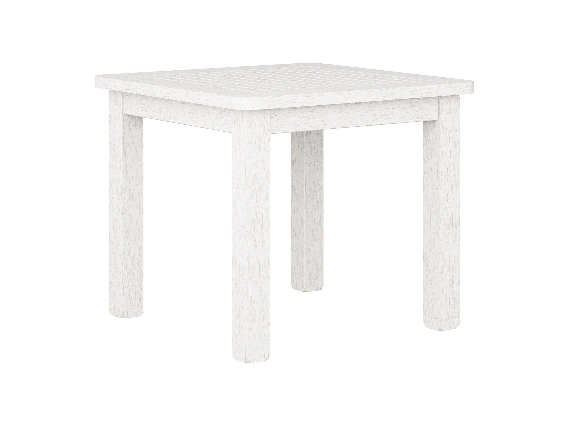 Washed white hardwood outdoor side table with slatted top, sturdy legs, and weather-resistant finish, ideal for patios and gardens.