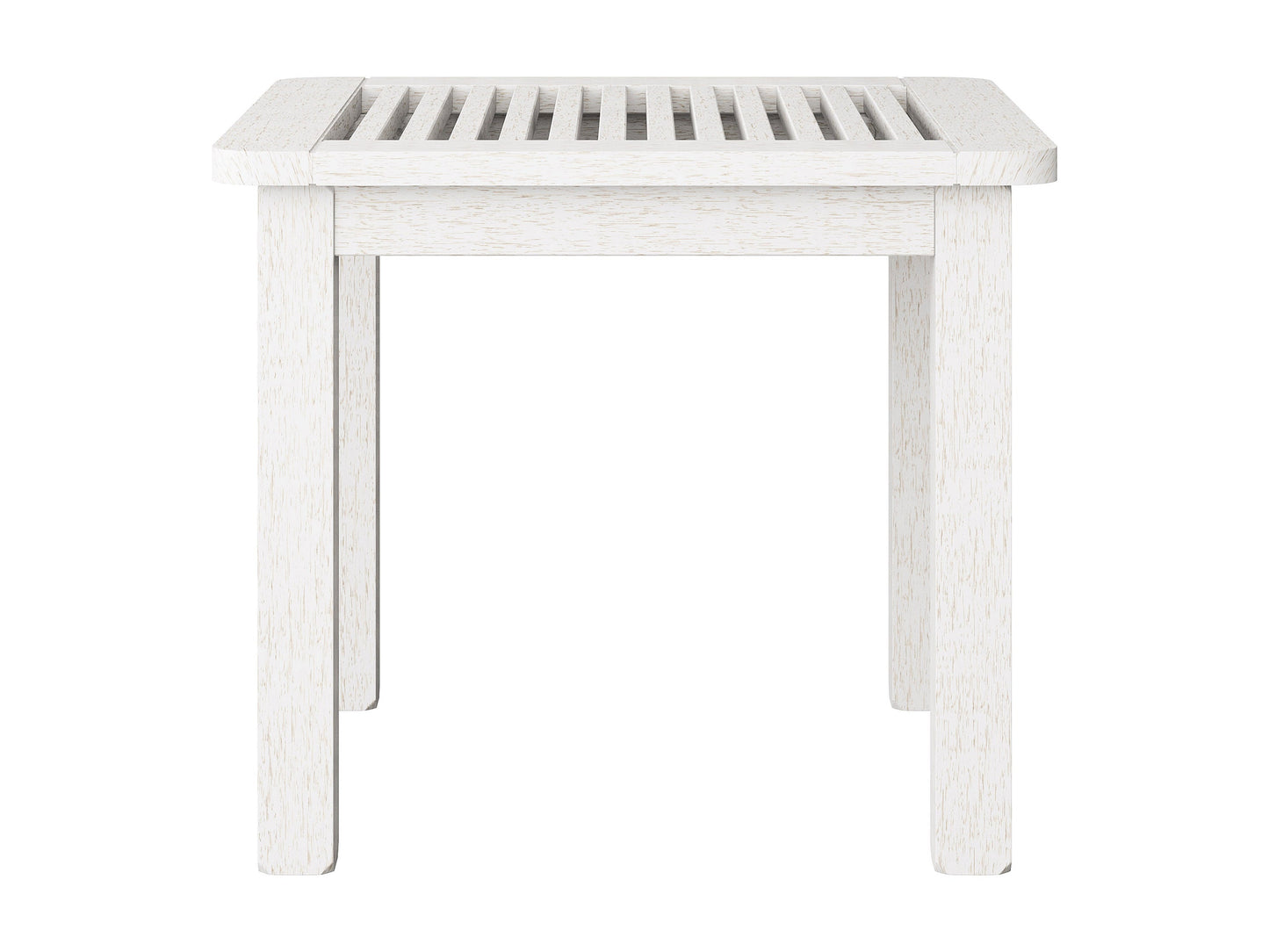Washed white hardwood outdoor side table with slatted top, sturdy legs, and weather-resistant finish, ideal for patios and gardens.