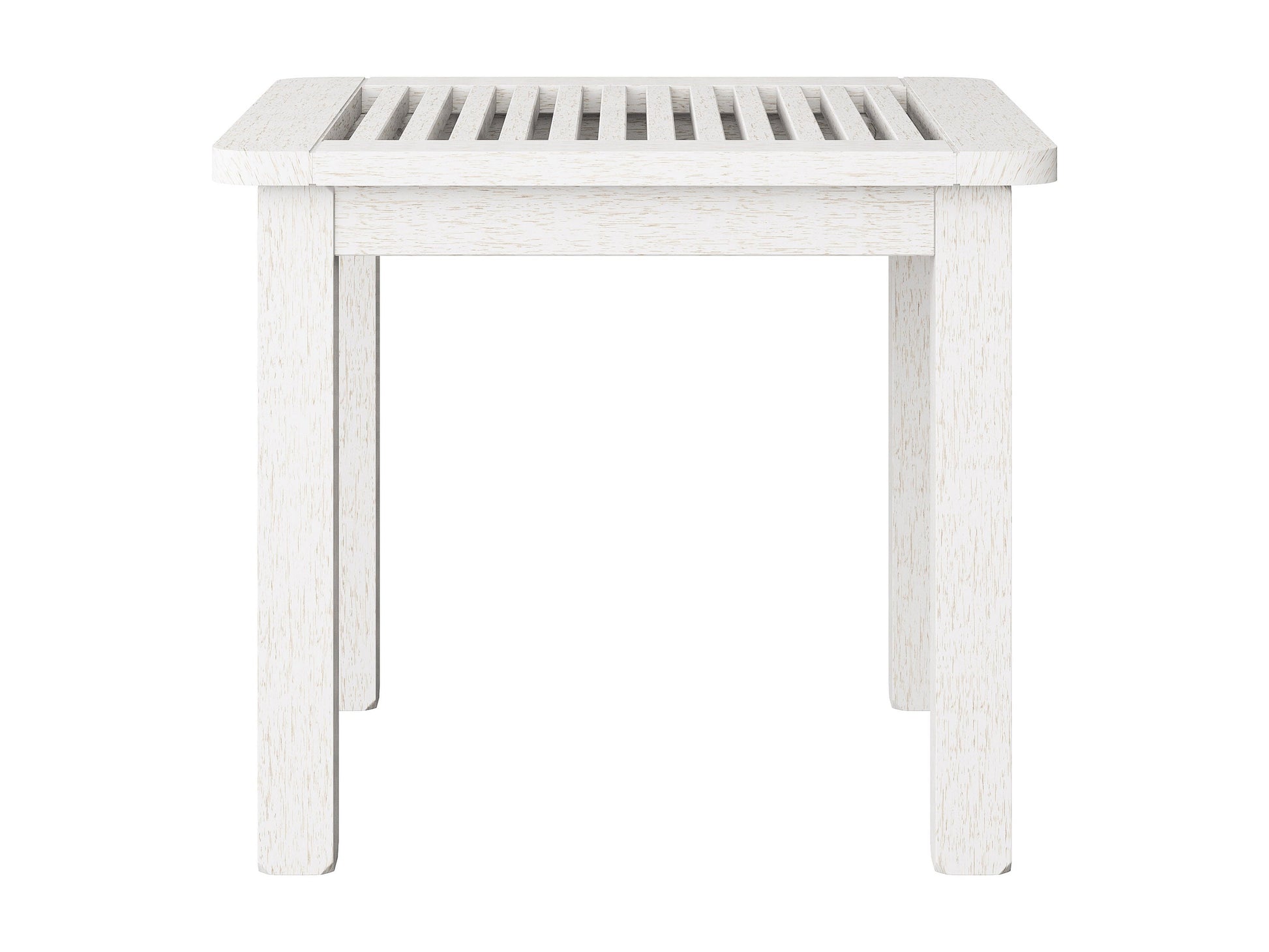 Washed white hardwood outdoor side table with slatted top, sturdy legs, and weather-resistant finish, ideal for patios and gardens.