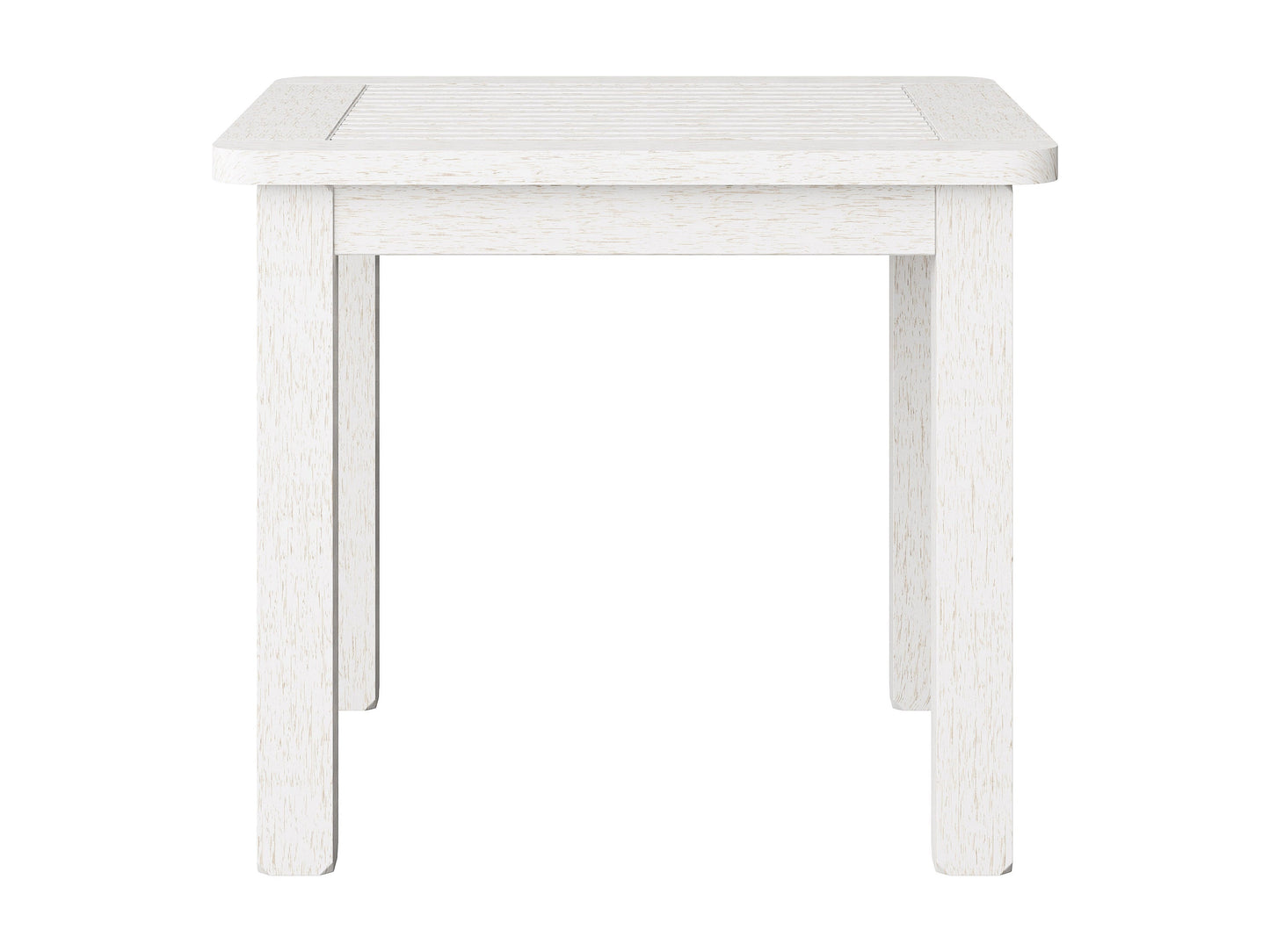 Washed white hardwood outdoor side table with slatted top, sturdy legs, and weather-resistant finish, ideal for patios and gardens.