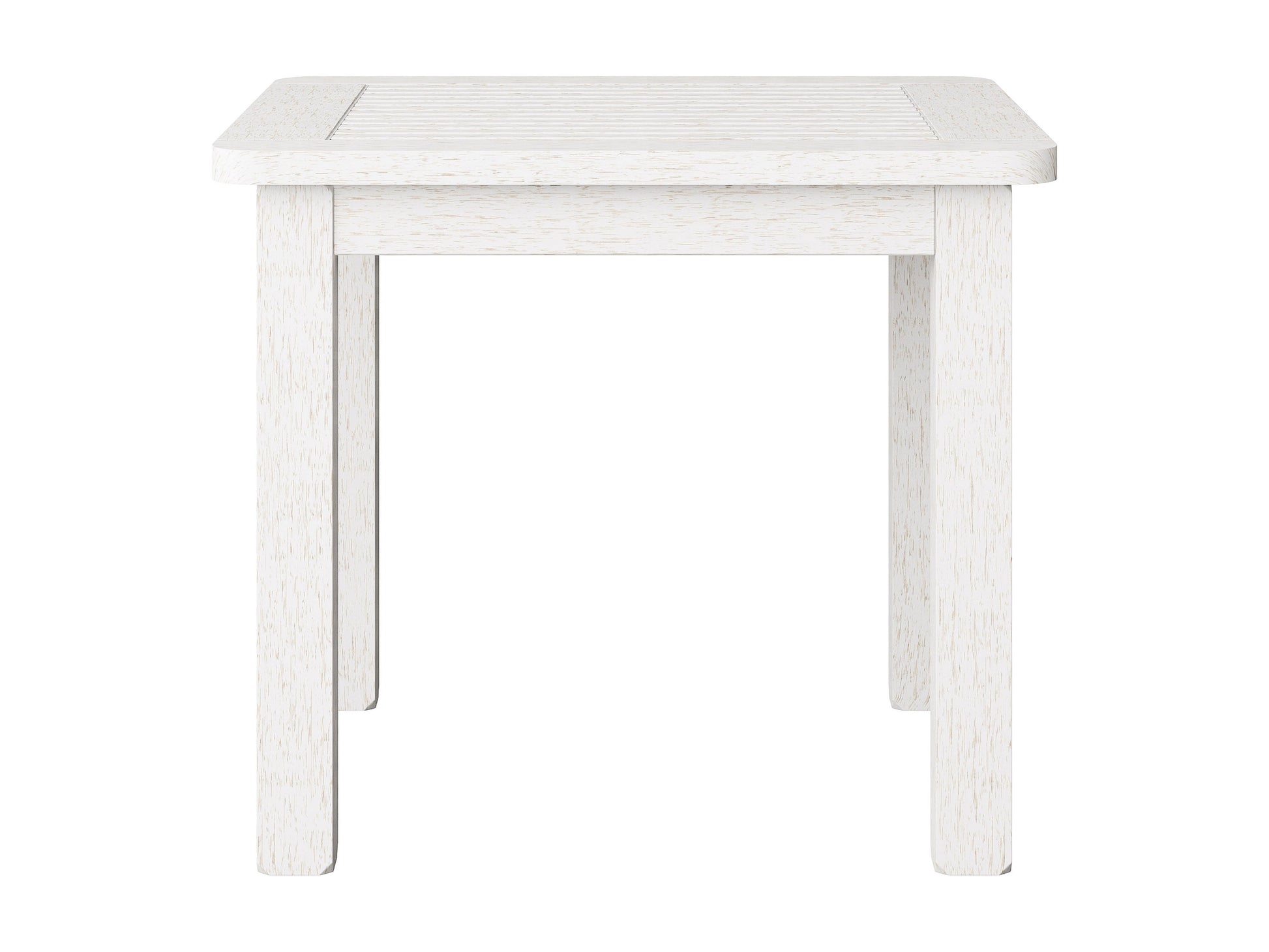 Washed white hardwood outdoor side table with slatted top, sturdy legs, and weather-resistant finish, ideal for patios and gardens.