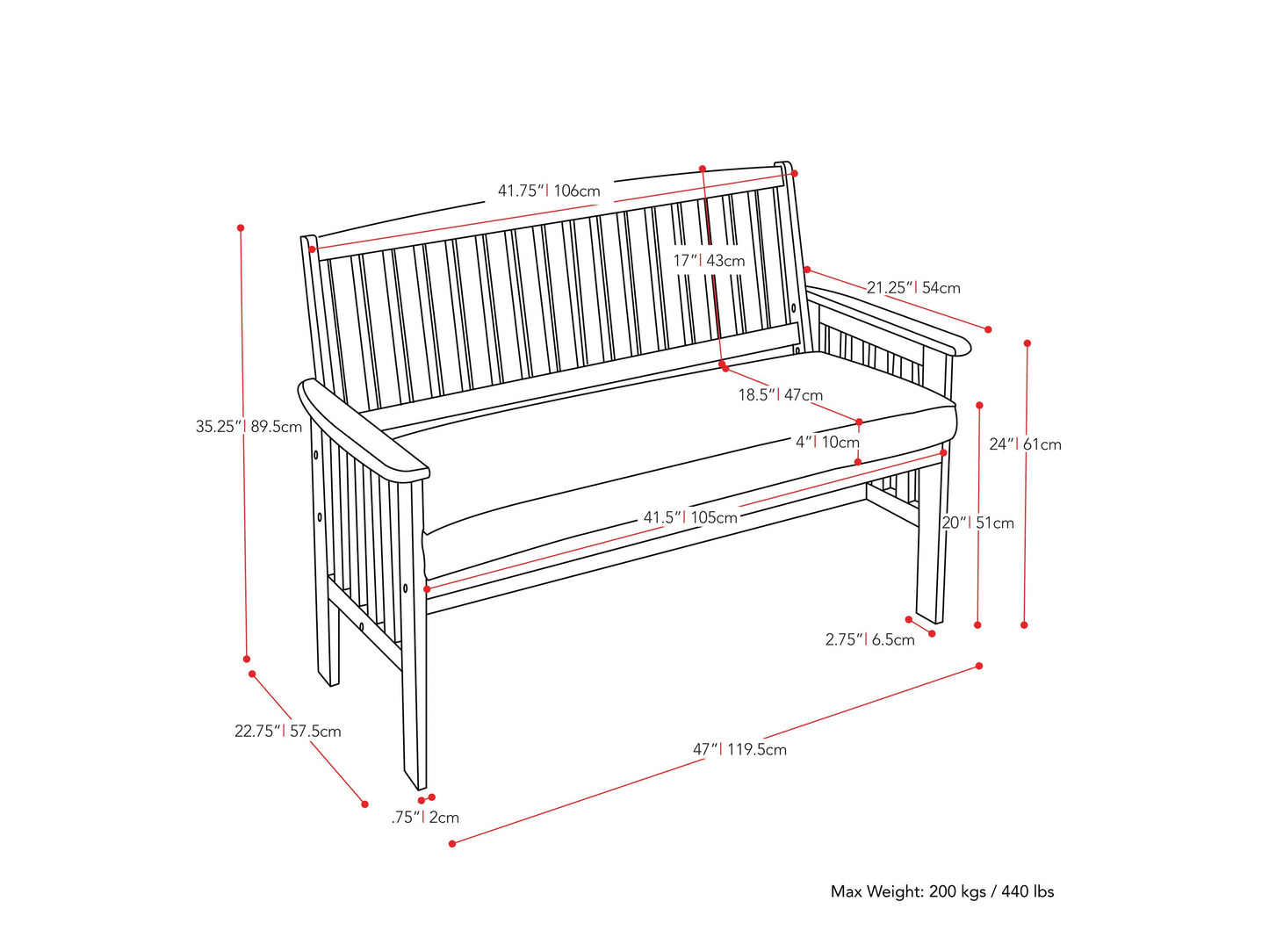 Washed white wood patio bench with backrest, featuring slatted seat and back, sturdy armrests, and weather-resistant finish, perfect for outdoor seating.