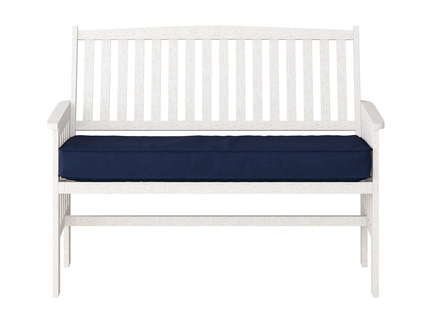 Washed white wood patio bench with backrest, featuring slatted seat and back, sturdy armrests, and weather-resistant finish, perfect for outdoor seating.