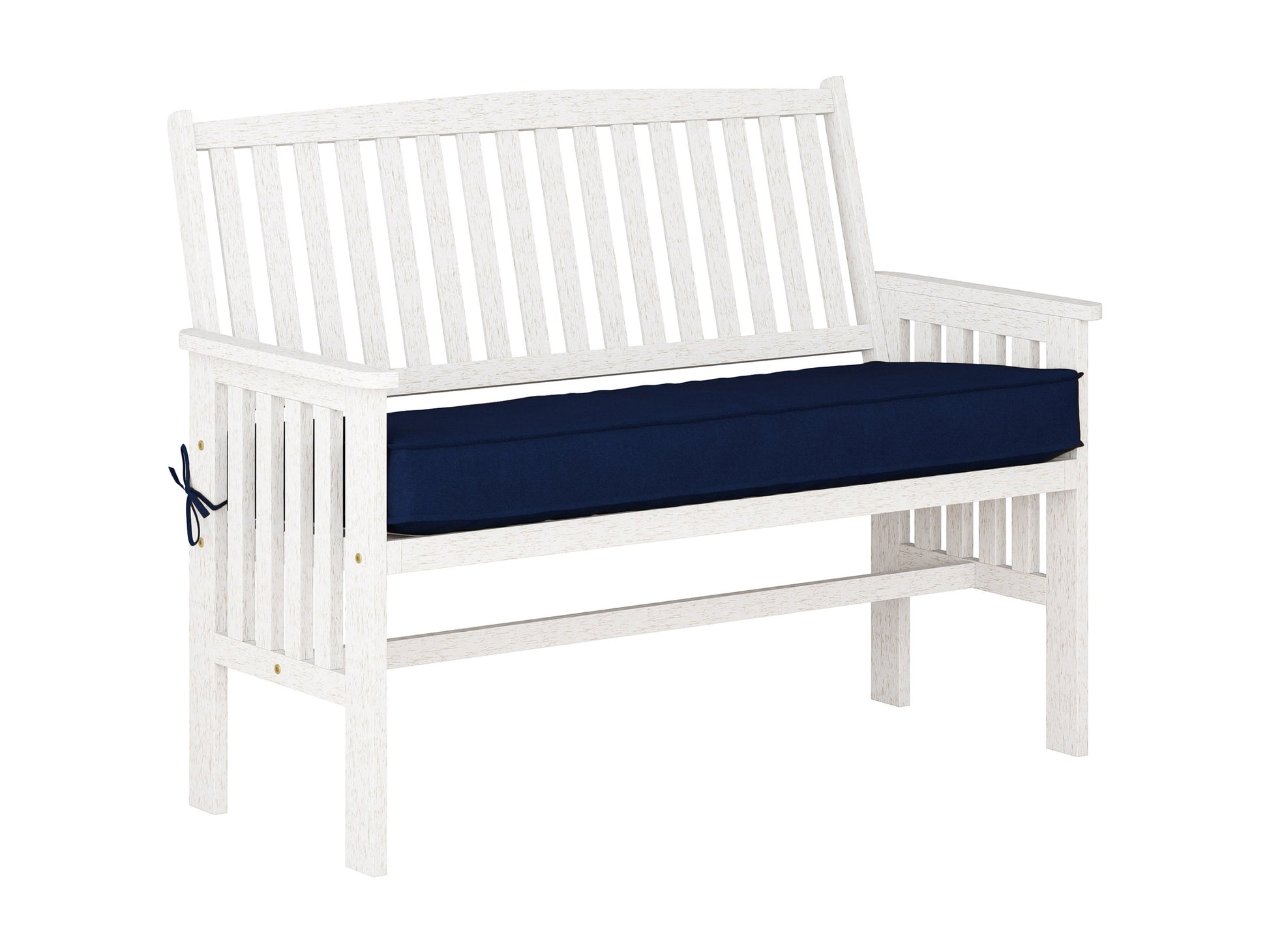 Washed white wood patio bench with backrest, featuring slatted seat and back, sturdy armrests, and weather-resistant finish, perfect for outdoor seating.