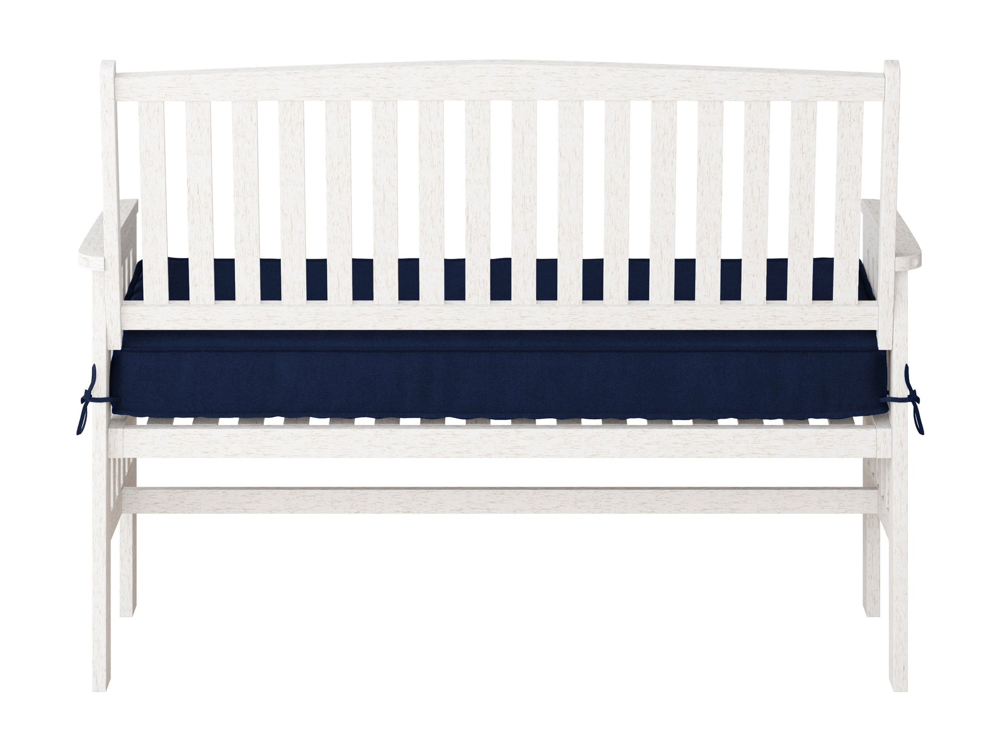 Washed white wood patio bench with backrest, featuring slatted seat and back, sturdy armrests, and weather-resistant finish, perfect for outdoor seating.
