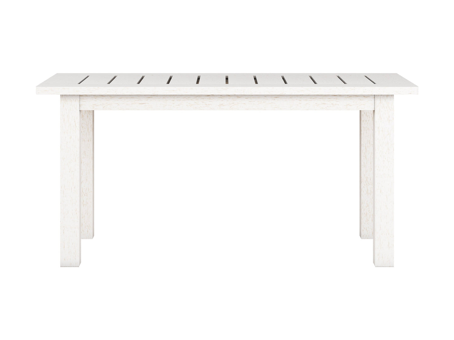 Washed white hardwood outdoor coffee table with slatted top, sturdy legs, and weather-resistant finish, perfect for patio or garden use.