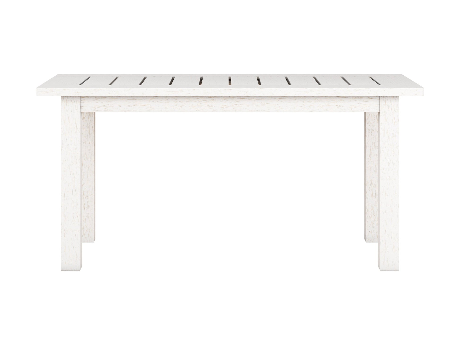 Washed white hardwood outdoor coffee table with slatted top, sturdy legs, and weather-resistant finish, perfect for patio or garden use.