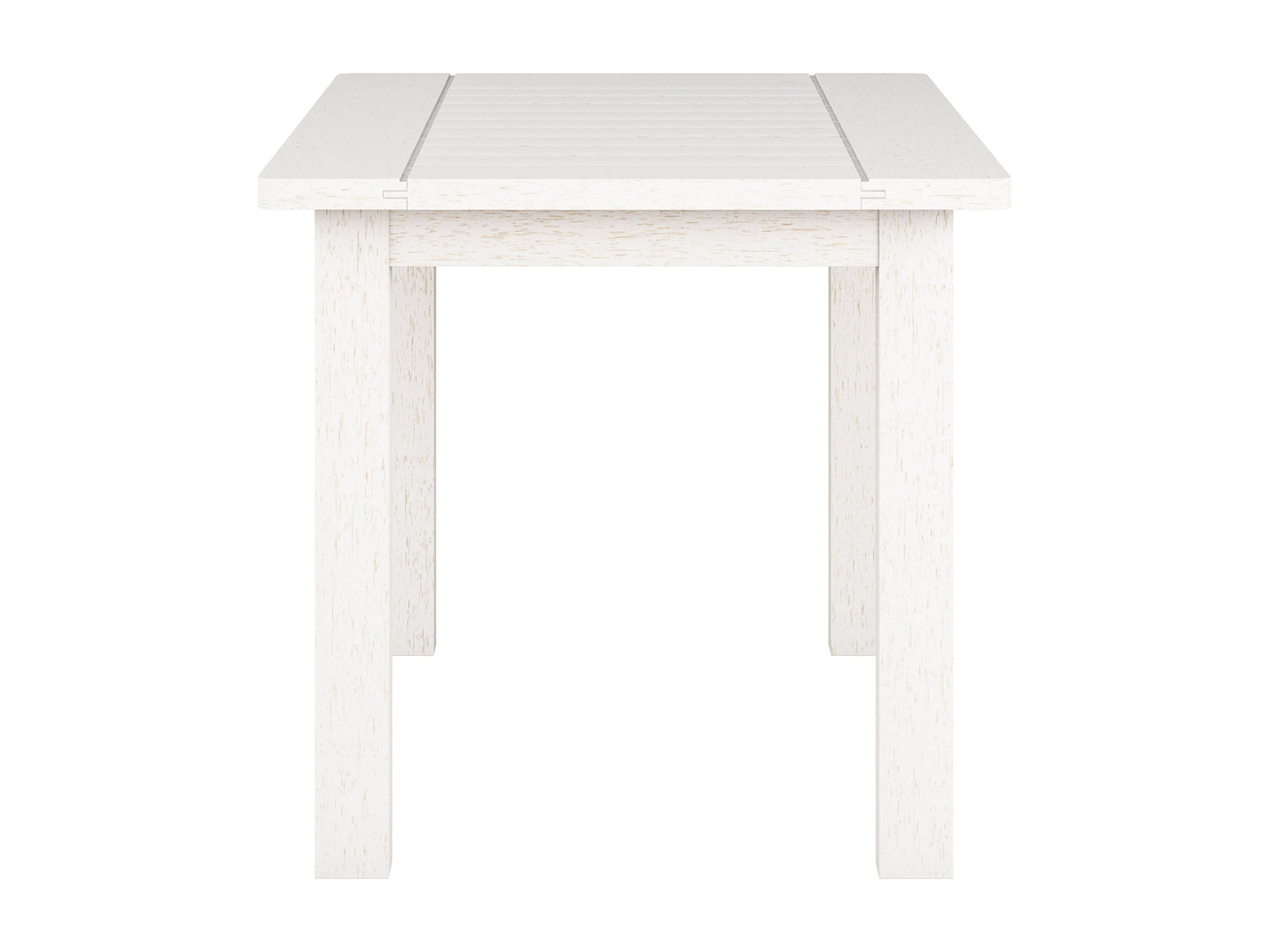 Washed white hardwood outdoor coffee table with slatted top, sturdy legs, and weather-resistant finish, perfect for patio or garden use.