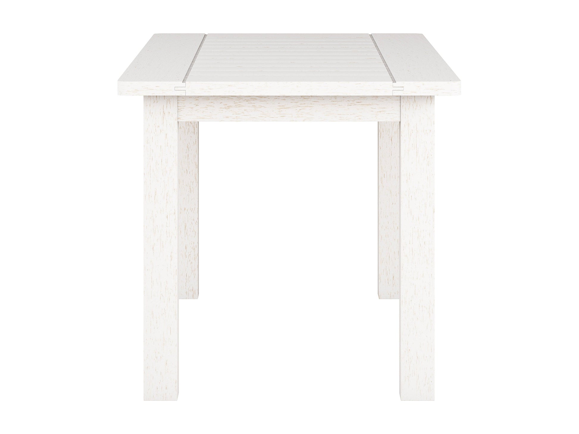 Washed white hardwood outdoor coffee table with slatted top, sturdy legs, and weather-resistant finish, perfect for patio or garden use.