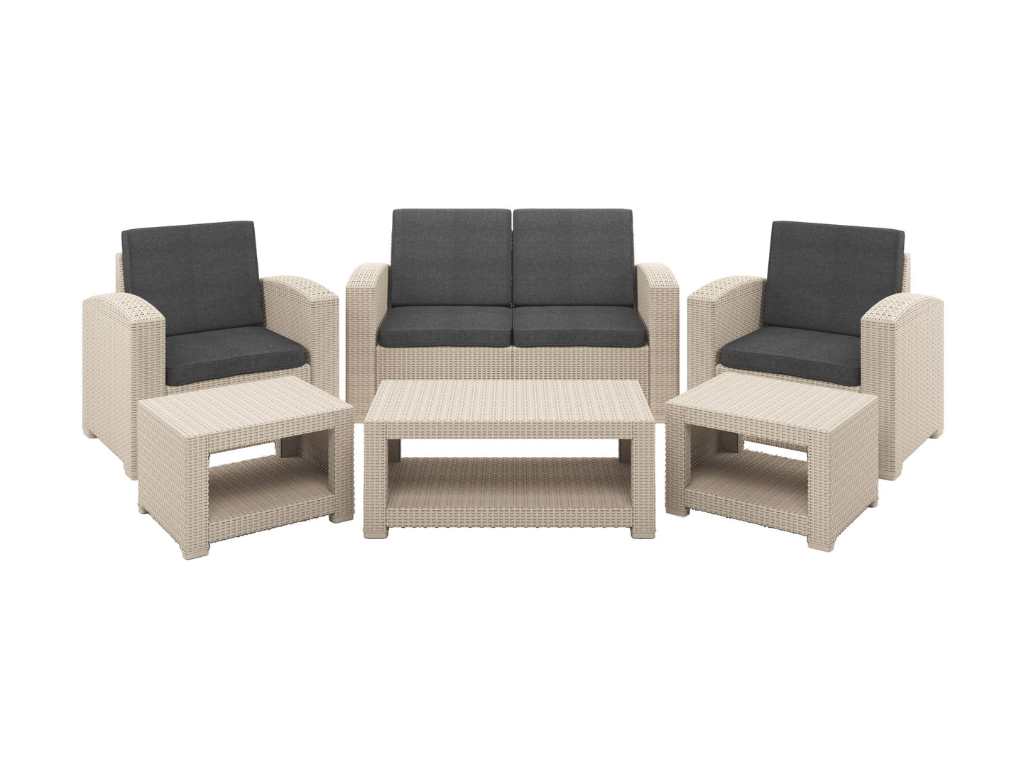 6 piece patio conversation set with gray wicker, navy blue cushions, and glass-top coffee table. Includes sofa, two armchairs, two ottomans, and a side table, perfect for outdoor lounging and entertaining.