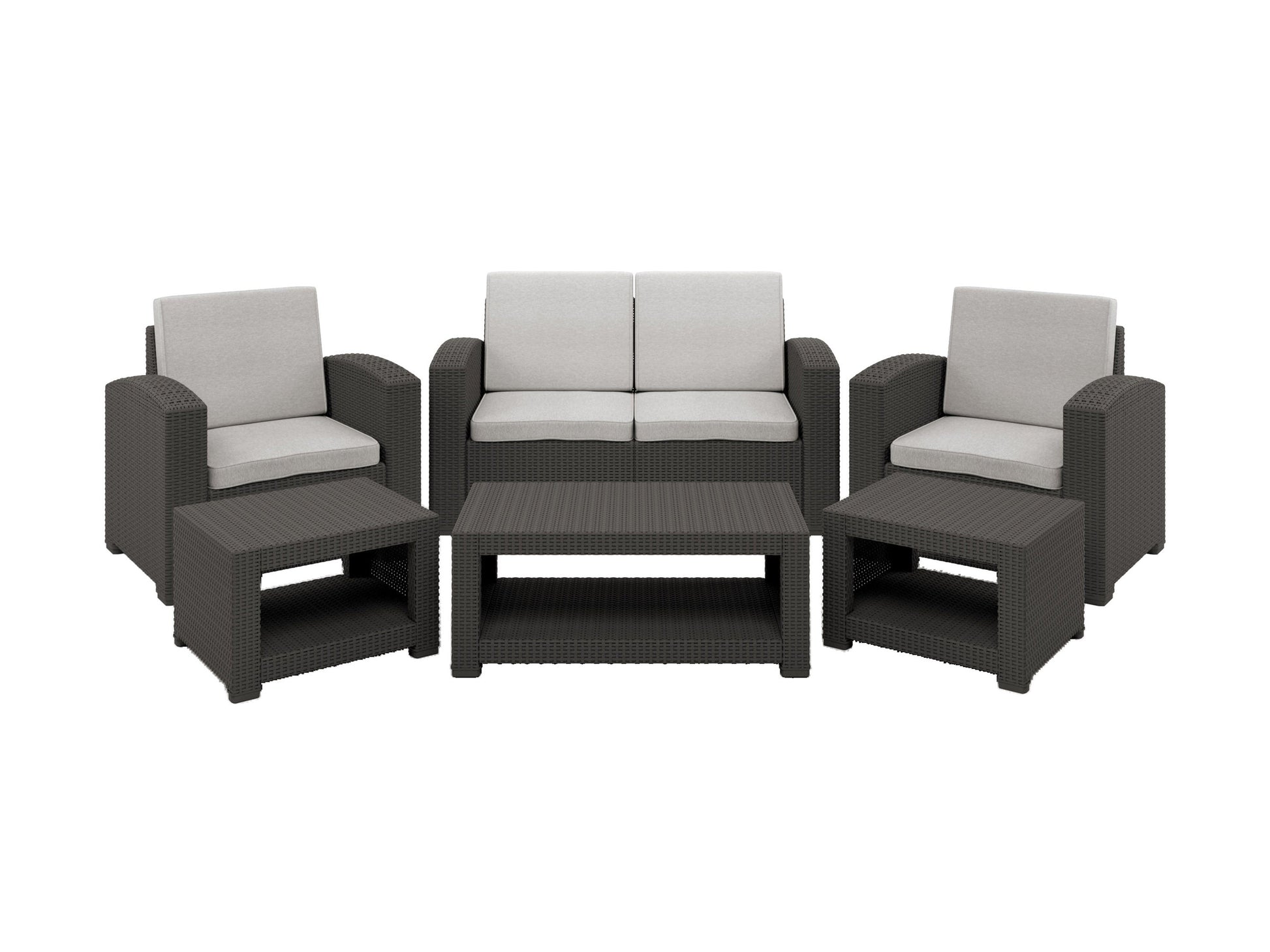 Modern 6-piece patio conversation set with gray cushions, sleek black aluminum frames, and a tempered glass coffee table, featuring comfortable chairs and a loveseat, ideal for outdoor lounging and entertaining.