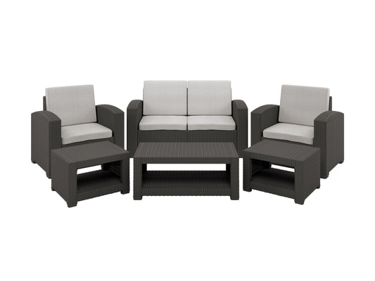 Modern 6-piece patio conversation set with gray cushions, sleek black aluminum frames, and a tempered glass coffee table, featuring comfortable chairs and a loveseat, ideal for outdoor lounging and entertaining.