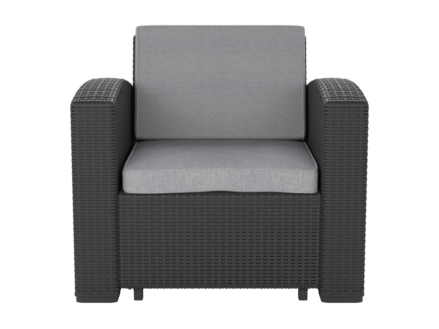 Grey outdoor patio chair with sleek metal frame, comfortable cushioned seat and backrest, weather-resistant fabric, and modern design perfect for gardens, balconies, and outdoor lounging.