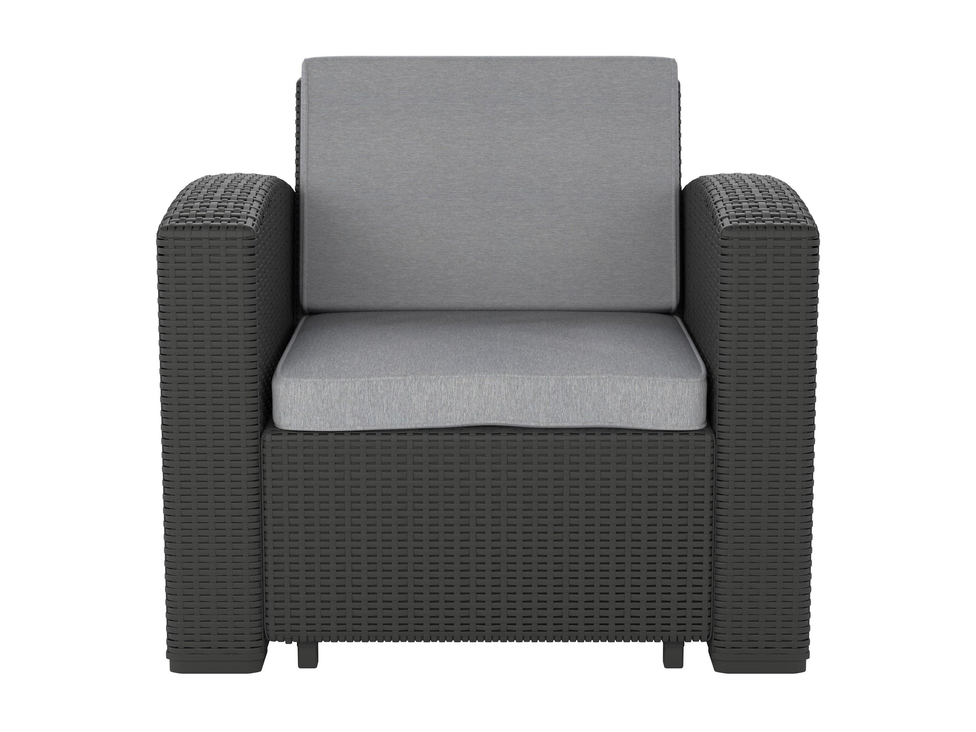 Grey outdoor patio chair with sleek metal frame, comfortable cushioned seat and backrest, weather-resistant fabric, and modern design perfect for gardens, balconies, and outdoor lounging.
