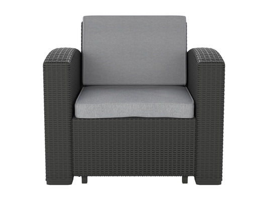 Grey outdoor patio chair with sleek metal frame, comfortable cushioned seat and backrest, weather-resistant fabric, and modern design perfect for gardens, balconies, and outdoor lounging.