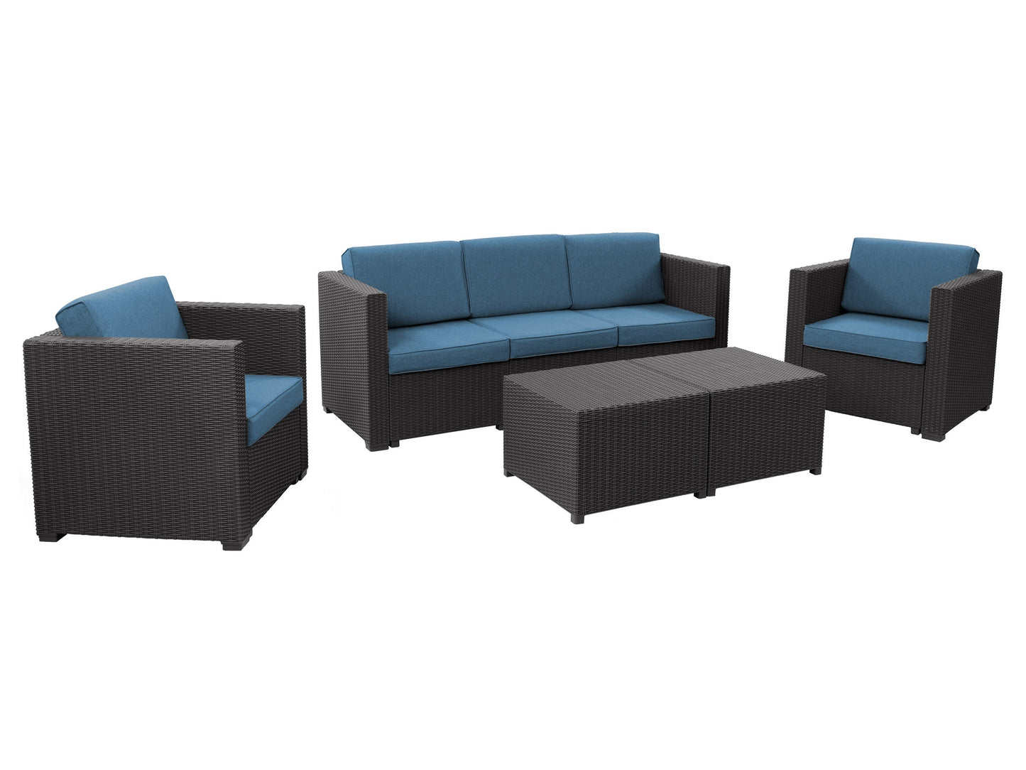 5-piece patio conversation set with black metal frame, blue cushioned chairs, and a matching coffee table featuring a tempered glass top, perfect for outdoor lounging and entertaining.