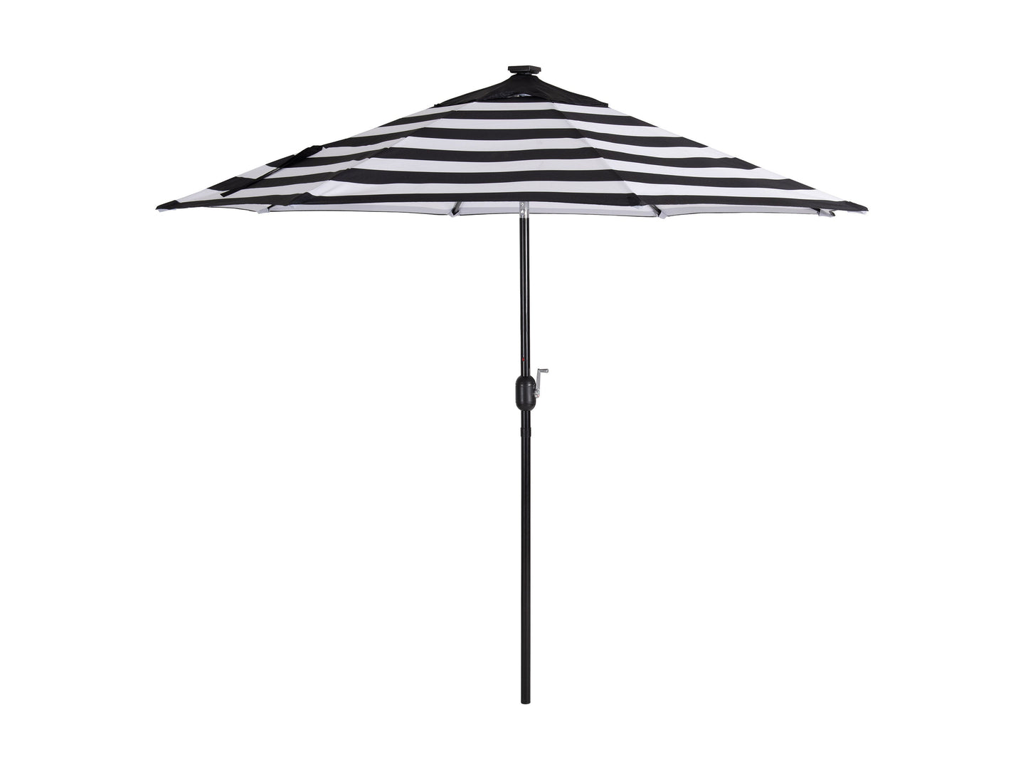 Striped white and black 9ft patio umbrella with LED lights and tilting feature, providing stylish outdoor shade and ambiance.