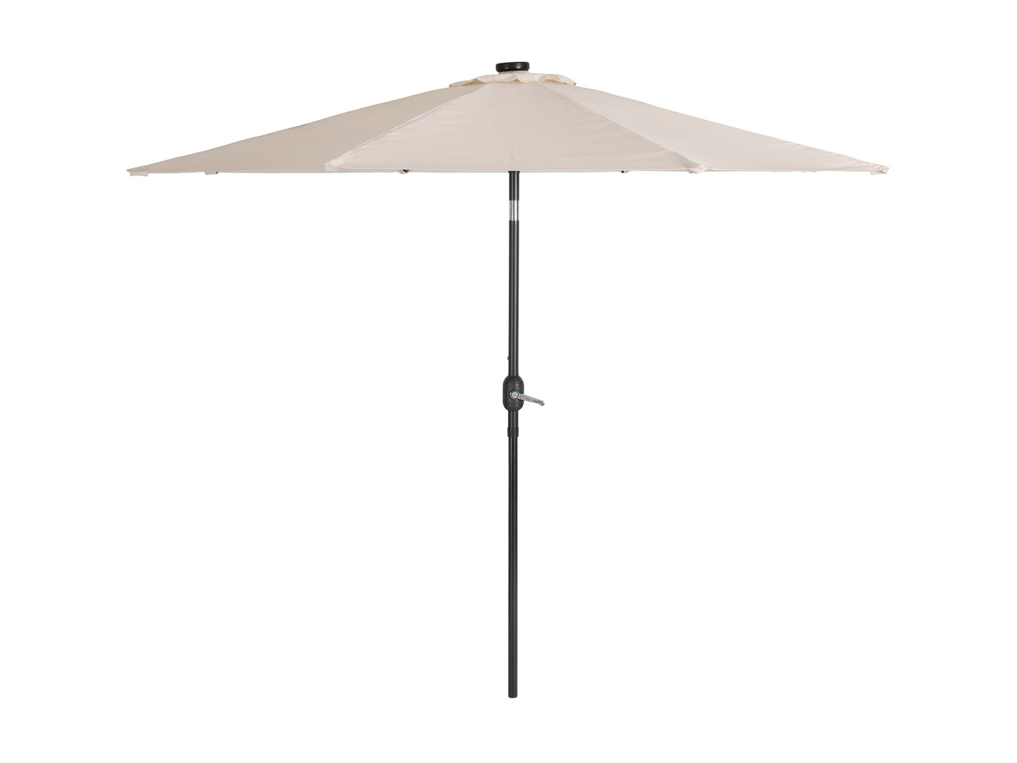 Off-white 9ft patio umbrella with tilting feature and built-in LED lights, providing shade and ambiance for outdoor spaces, featuring a sturdy metal pole and weather-resistant fabric.