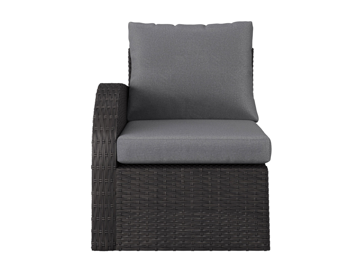 Outdoor sectional patio chair with left armrest in grey. Features weather-resistant fabric, sleek metal frame, and plush cushions for comfort. Ideal for modern outdoor spaces.