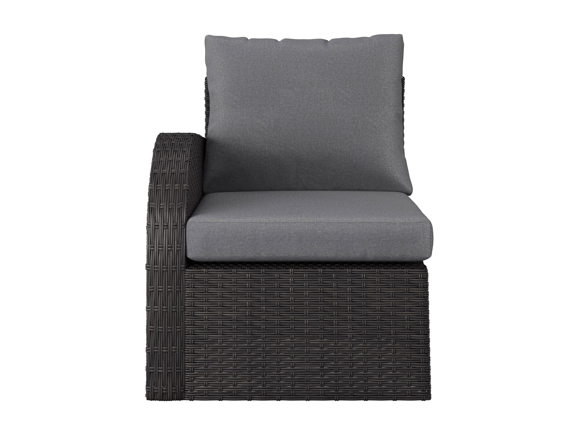 Outdoor sectional patio chair with left armrest in grey. Features weather-resistant fabric, sleek metal frame, and plush cushions for comfort. Ideal for modern outdoor spaces.