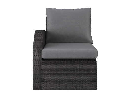 Outdoor sectional patio chair with left armrest in grey. Features weather-resistant fabric, sleek metal frame, and plush cushions for comfort. Ideal for modern outdoor spaces.