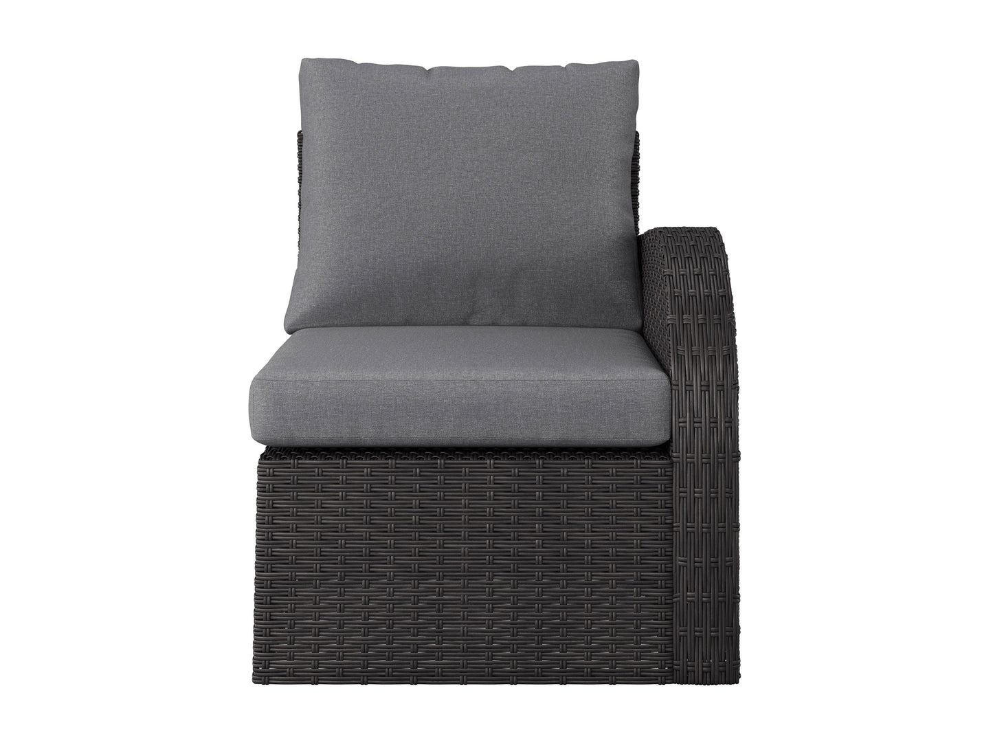 Outdoor grey patio sectional chair with right armrest, featuring durable weather-resistant fabric, sleek aluminum frame, and plush cushions for ultimate comfort and style in outdoor living spaces.