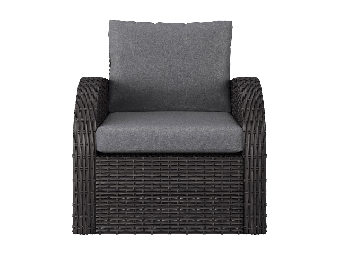 Grey outdoor wicker patio chair with curved armrests, sturdy aluminum frame, and comfortable cushion. Ideal for garden or balcony seating, featuring weather-resistant wicker and sleek, modern design.