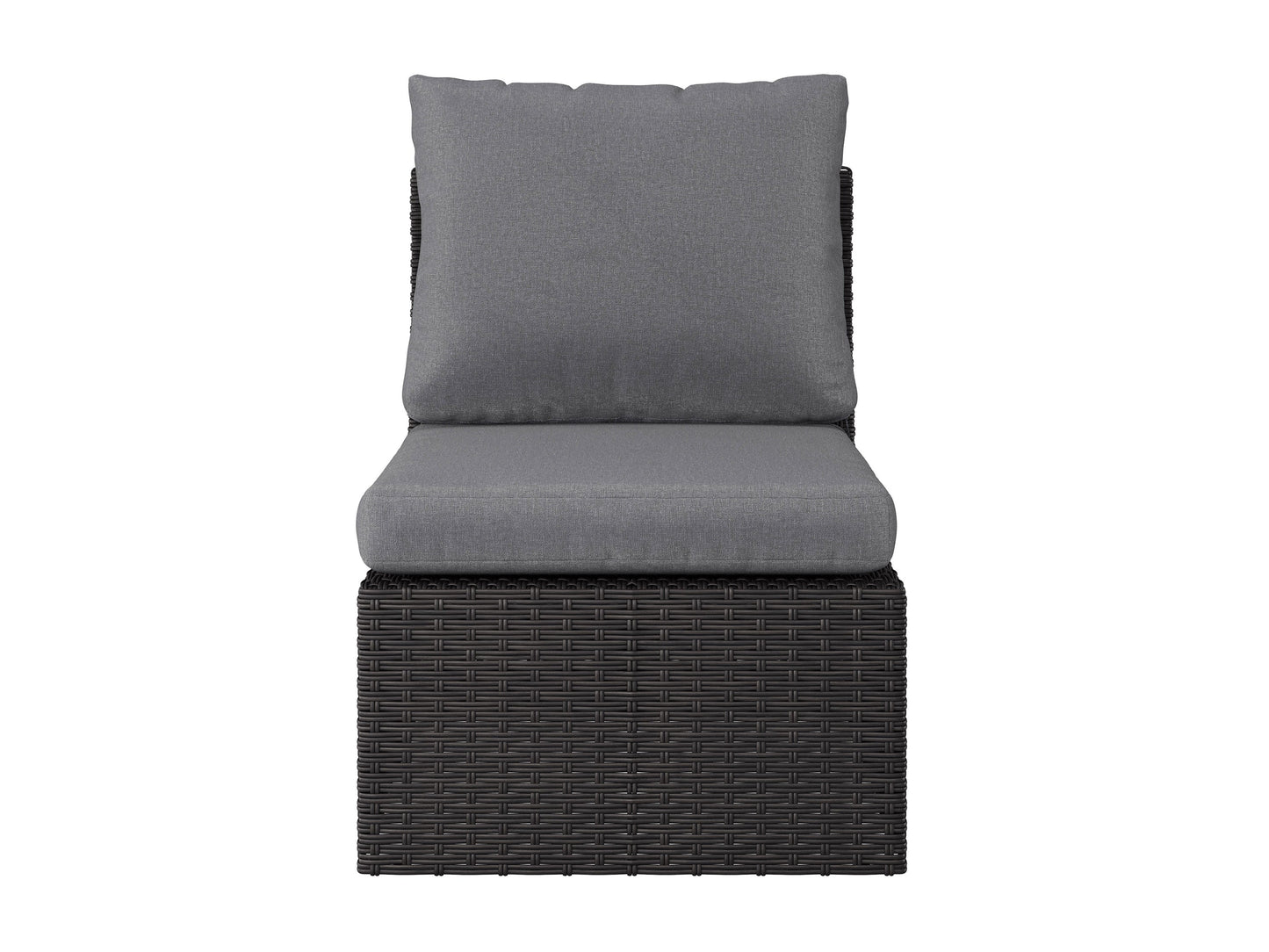 Grey outdoor sectional middle piece patio chair with weather-resistant wicker, plush grey cushions, and aluminum frame, ideal for modern outdoor seating arrangements.