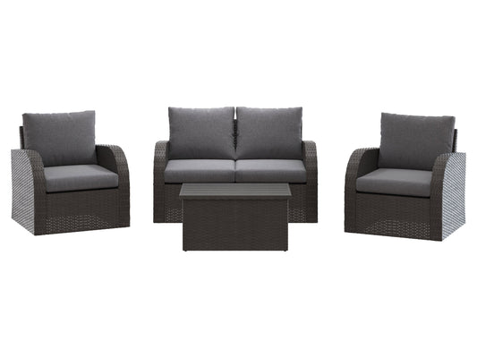 Grey outdoor loveseat set with cushions, featuring a modern design, durable wicker frame, and tempered glass coffee table, perfect for patio or garden lounging. Includes two chairs, loveseat, and side table.