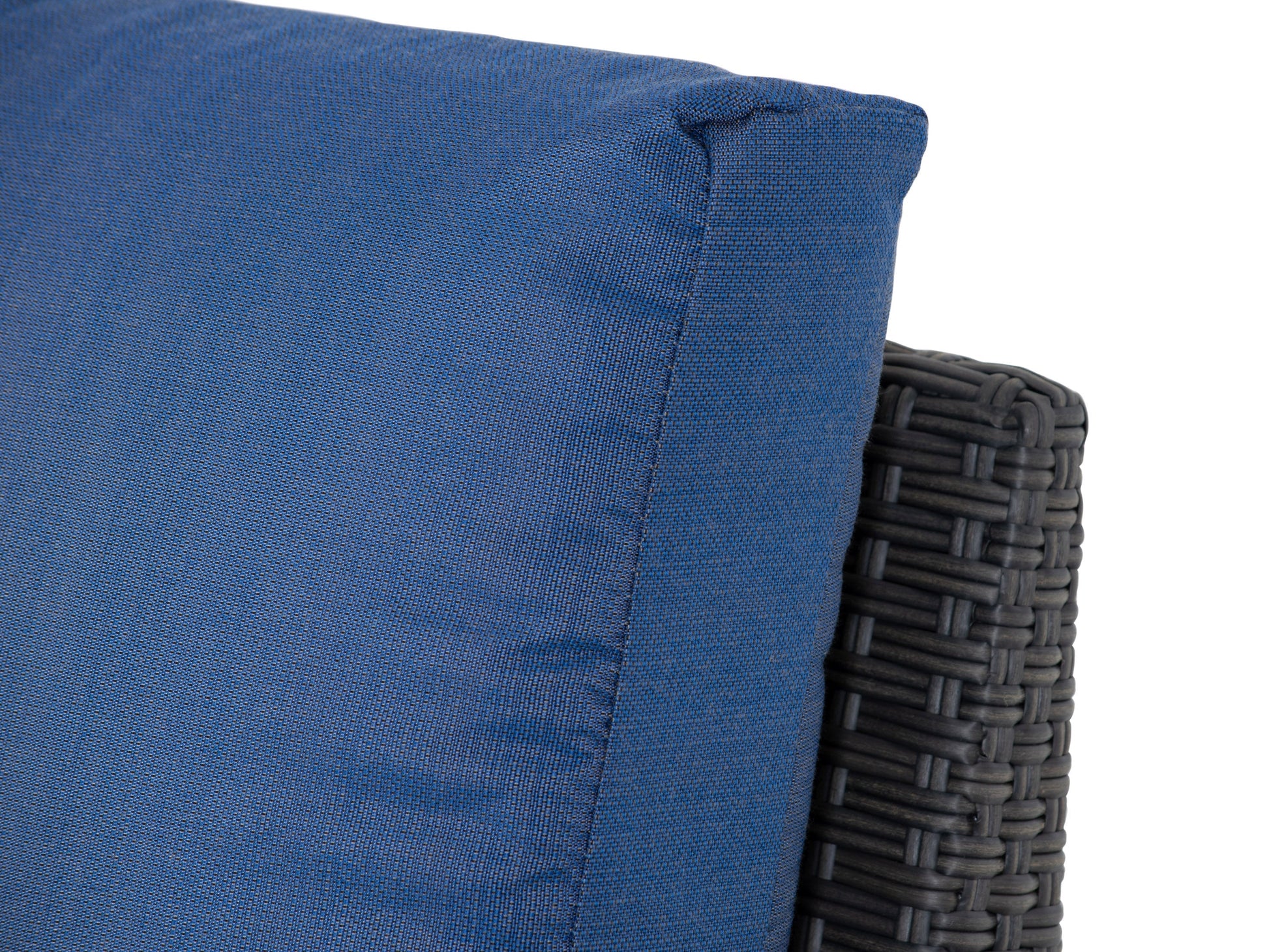 Blue outdoor wicker patio chair with cushioned seat and backrest, featuring durable woven rattan material and weather-resistant frame, perfect for garden or balcony seating.