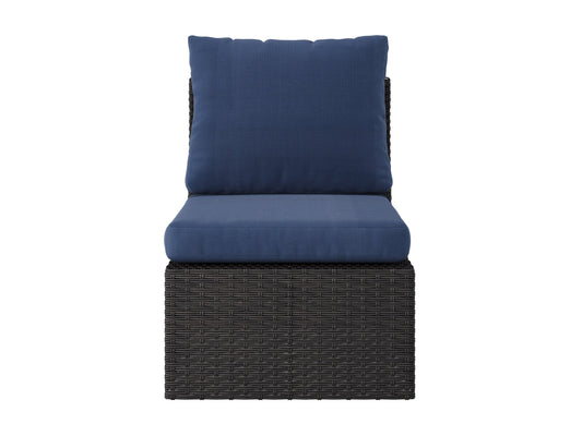 Blue outdoor sectional middle piece patio chair with weather-resistant fabric, featuring a sleek aluminum frame and plush cushions for comfort. Ideal for modern outdoor living spaces.