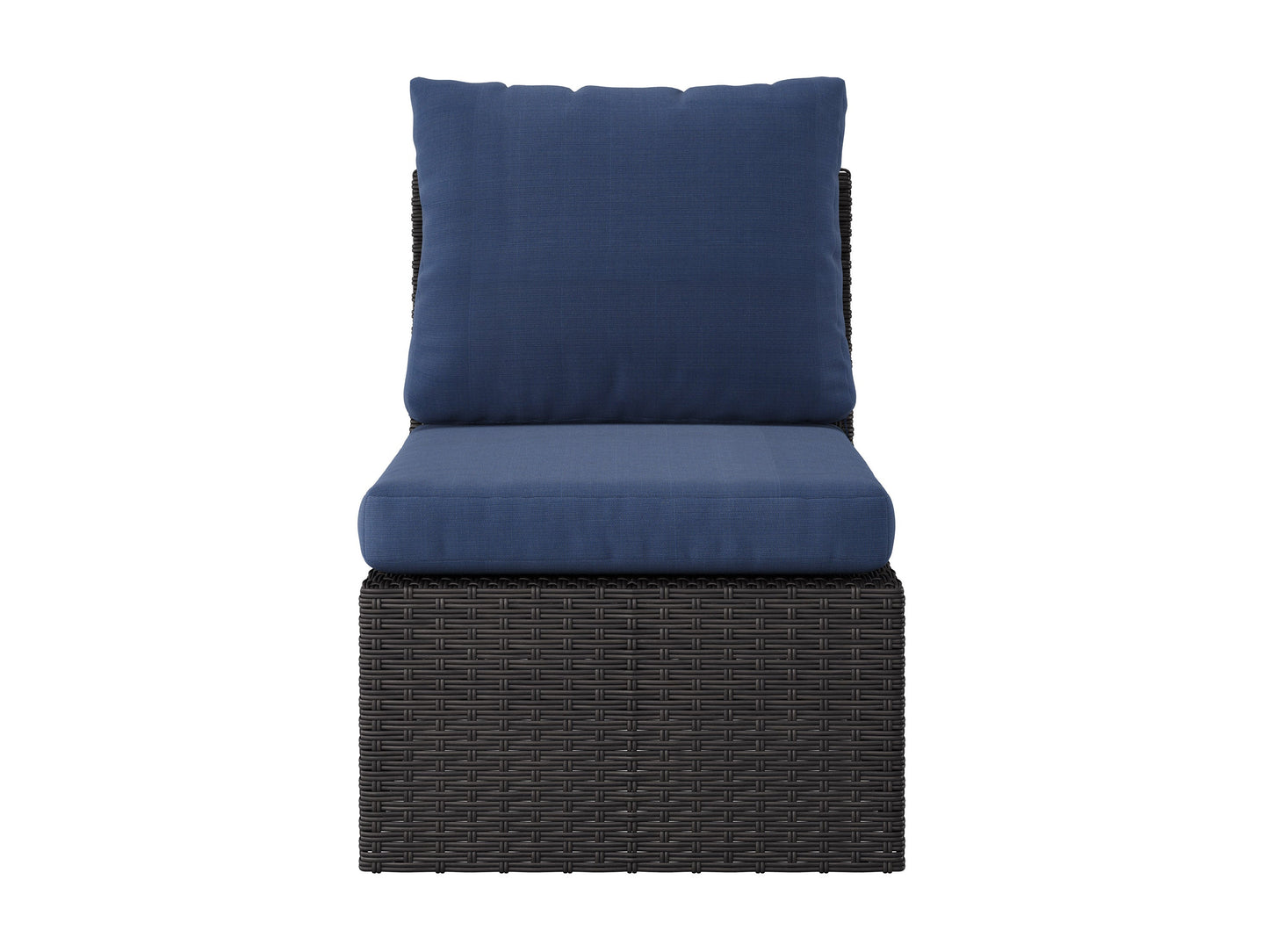 Blue outdoor sectional middle piece patio chair with weather-resistant fabric, featuring a sleek aluminum frame and plush cushions for comfort. Ideal for modern outdoor living spaces.