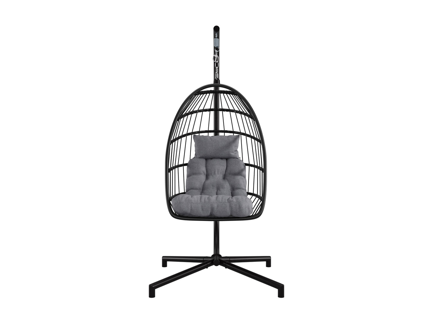 Grey hanging egg chair with plush cushions, woven rattan texture, and sturdy metal frame. Ideal for patios, this patio swing features a comfortable, cocoon-like design perfect for outdoor relaxation.