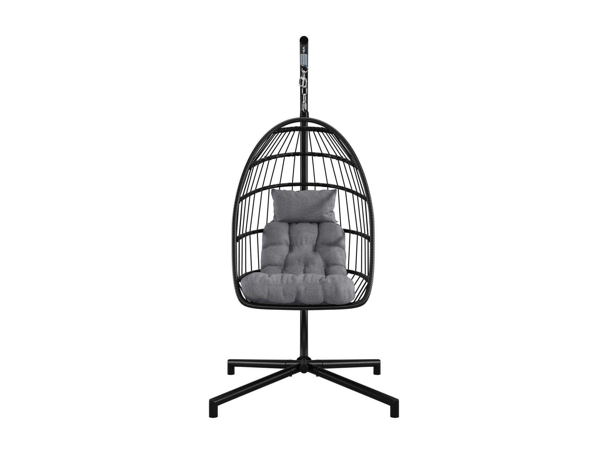Grey hanging egg chair with plush cushions, woven rattan texture, and sturdy metal frame. Ideal for patios, this patio swing features a comfortable, cocoon-like design perfect for outdoor relaxation.