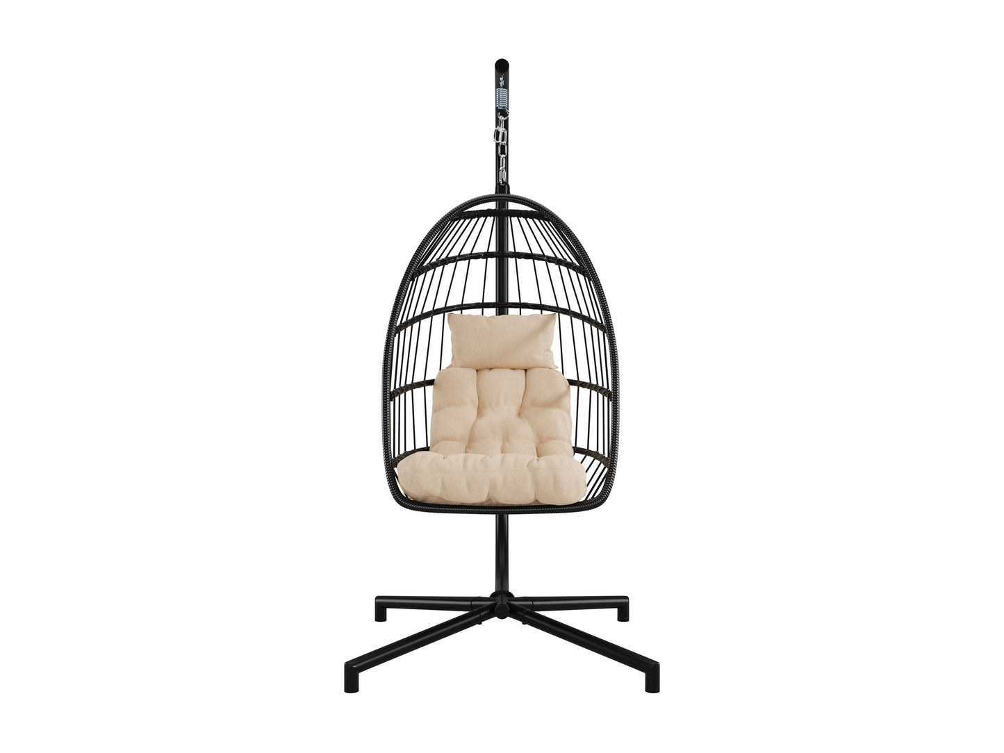 Beige hanging egg chair with cushioned seat, woven rattan texture, and sturdy metal frame. Ideal for patio relaxation.