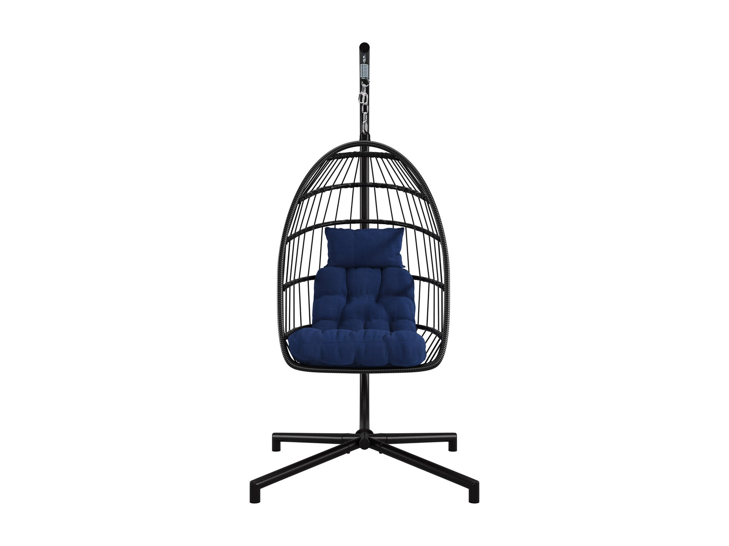Blue hanging egg chair with cushioned seat, woven rattan design, and sturdy metal stand, perfect for patio relaxation.
