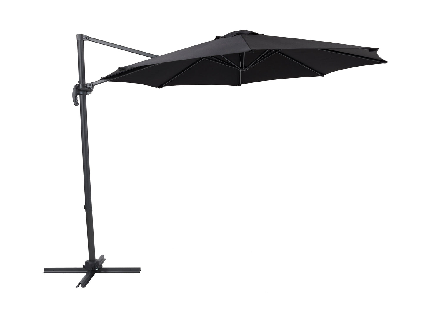 9.5ft offset patio umbrella with 360-degree rotation, features a sleek black canopy and durable aluminum frame, ideal for outdoor shading solutions in modern patio setups.