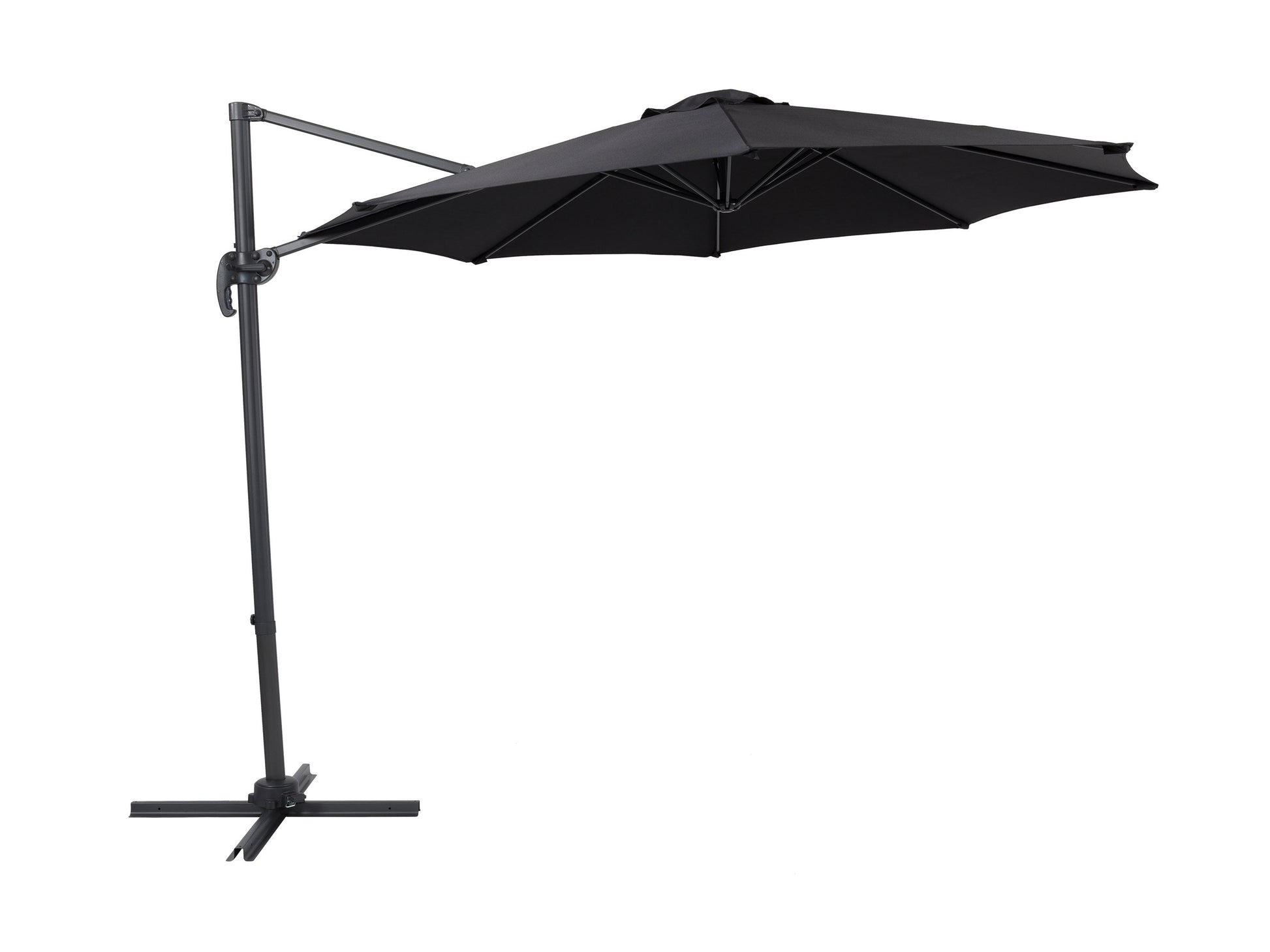 9.5ft offset patio umbrella with 360-degree rotation, features a sleek black canopy and durable aluminum frame, ideal for outdoor shading solutions in modern patio setups.