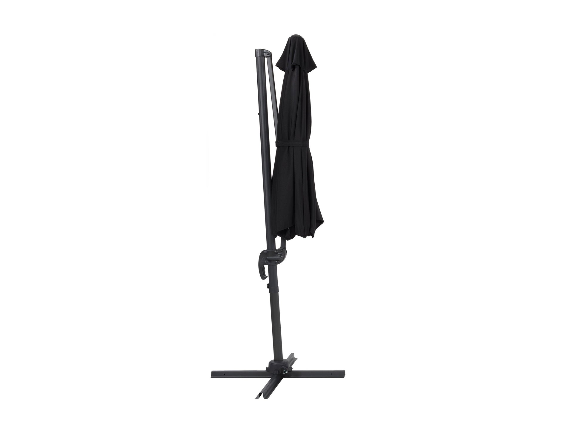 9.5ft offset patio umbrella with 360-degree rotation, features a sleek black canopy and durable aluminum frame, ideal for outdoor shading solutions in modern patio setups.