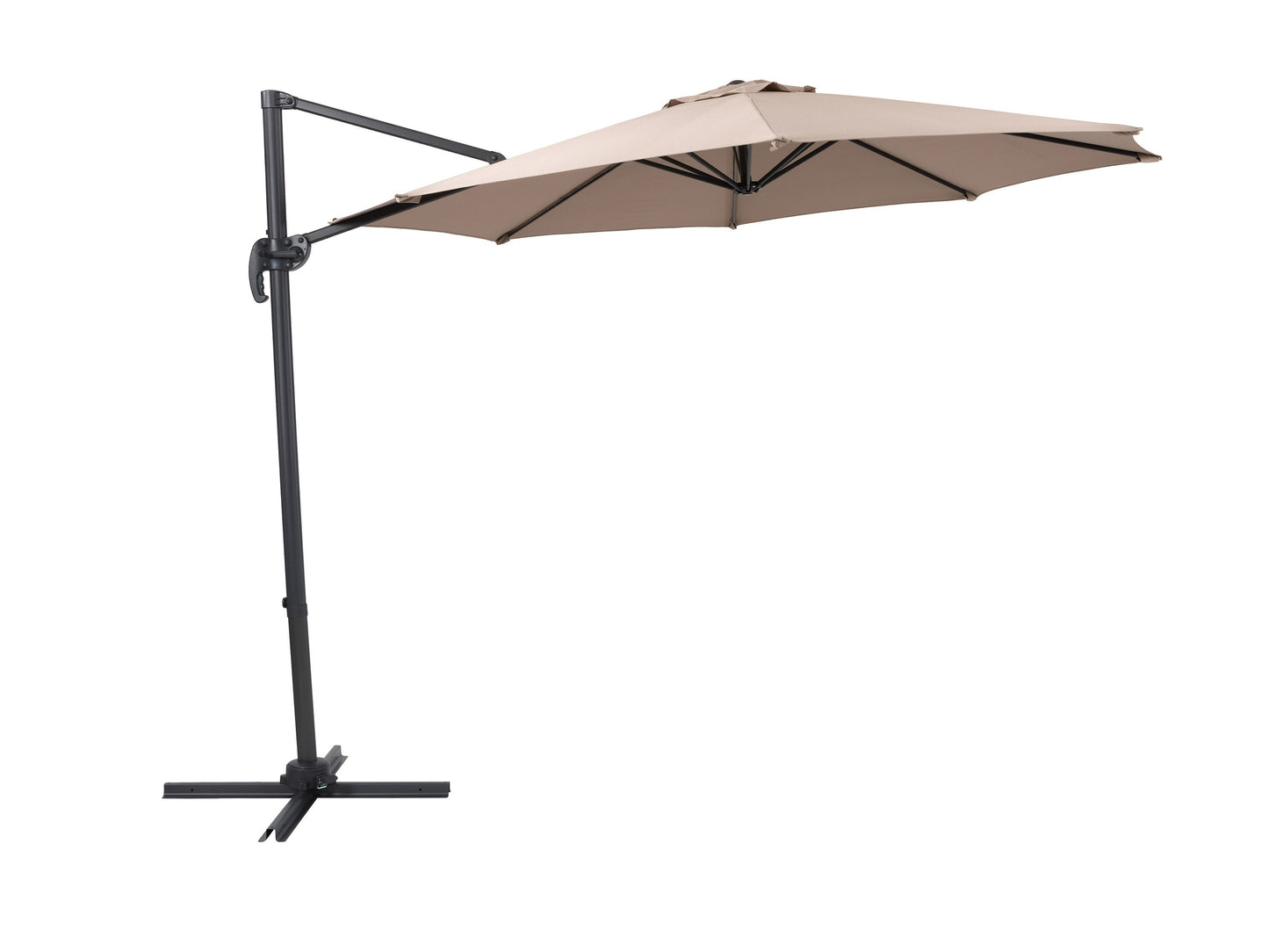 9.5ft taupe offset patio umbrella with 360-degree rotation, sturdy aluminum frame, and UV-resistant canopy, ideal for outdoor shade on patios or gardens.