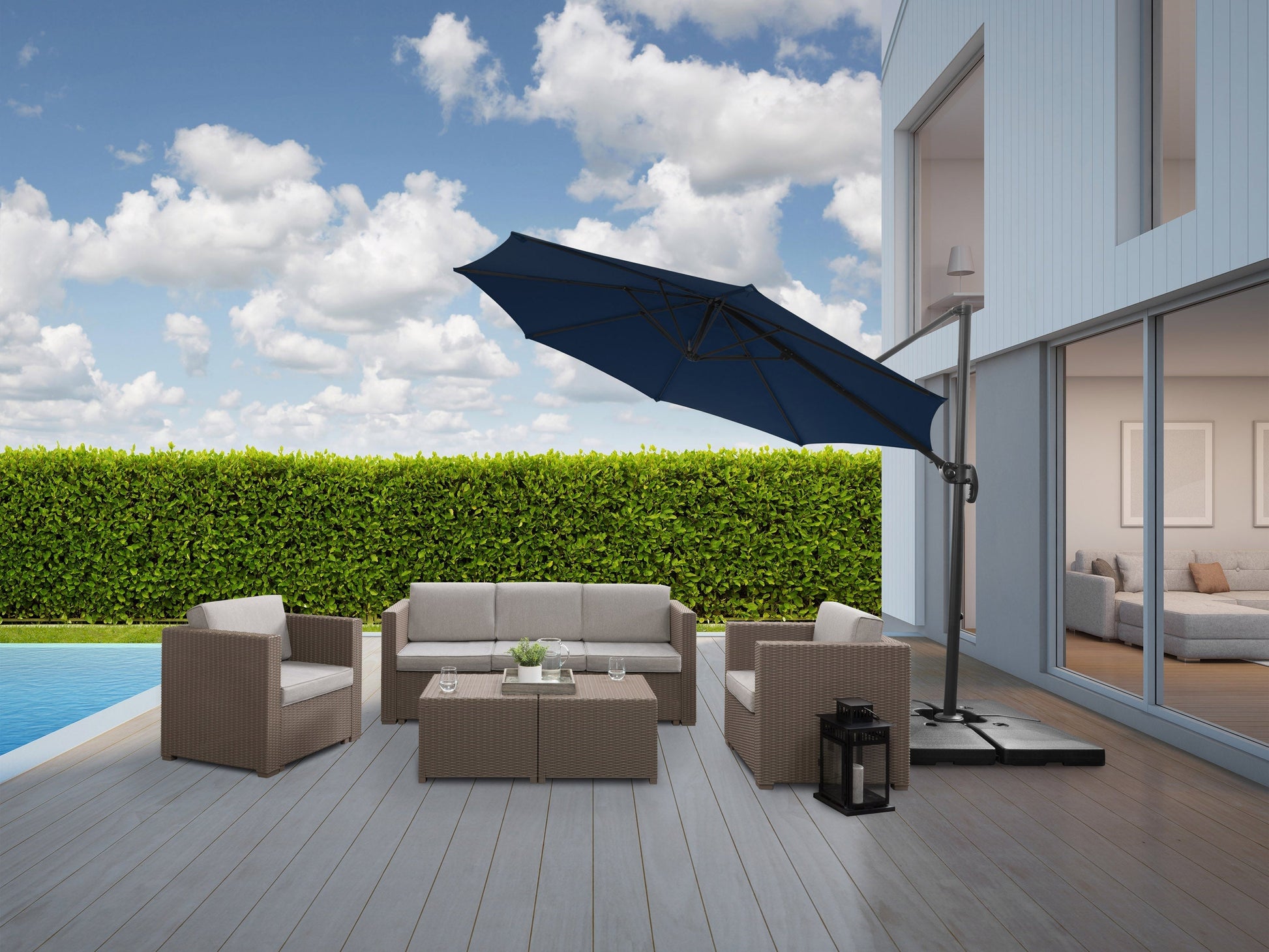 Navy blue 9.5ft offset patio umbrella with 360-degree rotation, sturdy aluminum frame, and UV-resistant fabric, perfect for outdoor shade on patios or decks.
