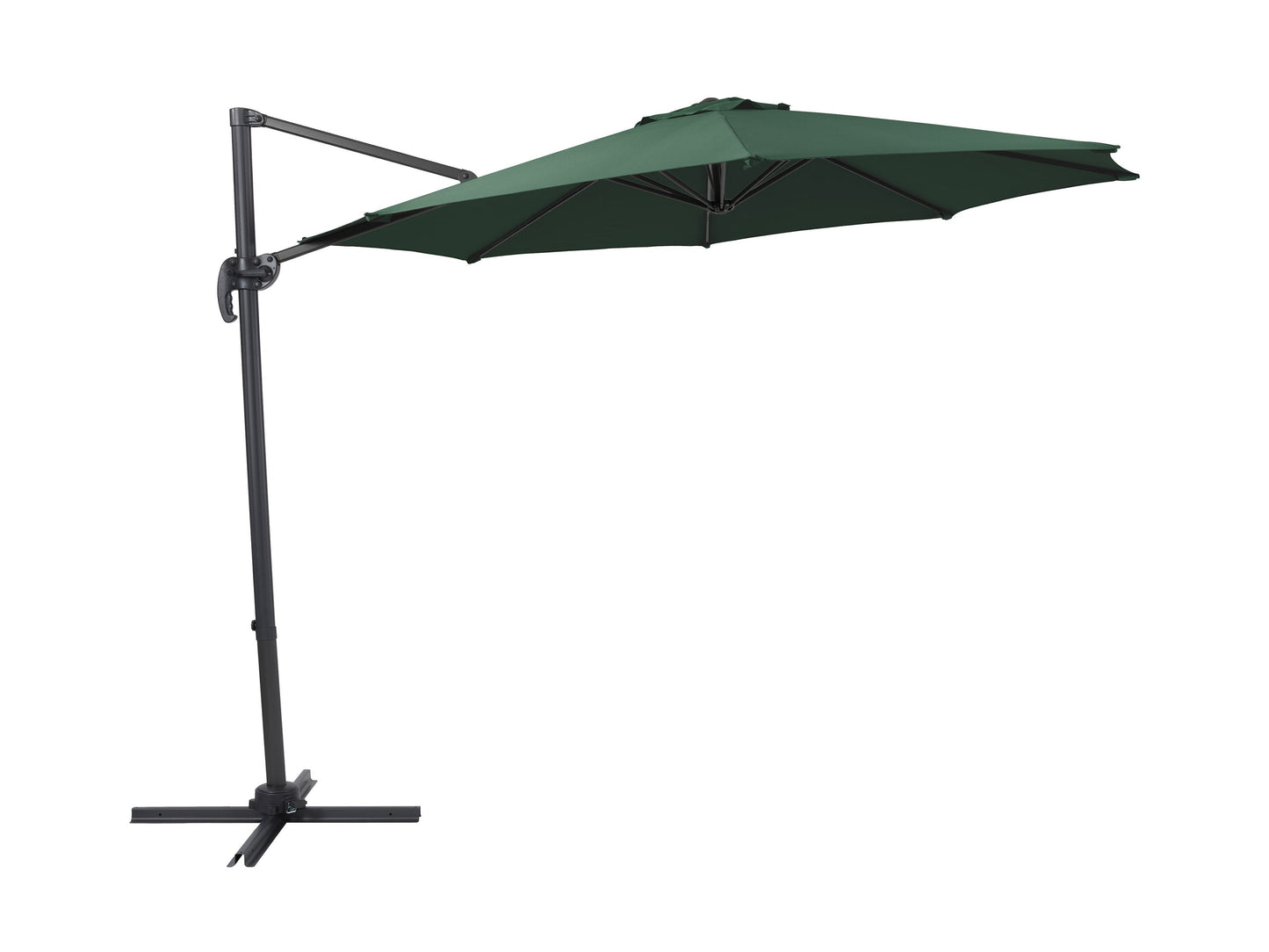 Dark green 9.5ft offset patio umbrella with 360-degree rotation, sturdy aluminum frame, and UV-resistant polyester canopy. Ideal for outdoor shading, garden, patio, or poolside use.