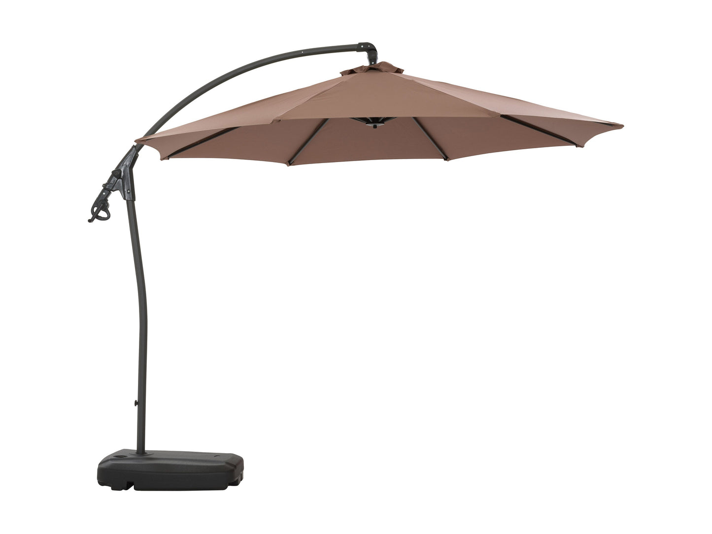 Cantilever patio umbrella with sand-colored canopy, sturdy aluminum frame, and a weighted base, perfect for outdoor shade. The adjustable tilt and rotation feature ensures optimal sun protection for patios and gardens.